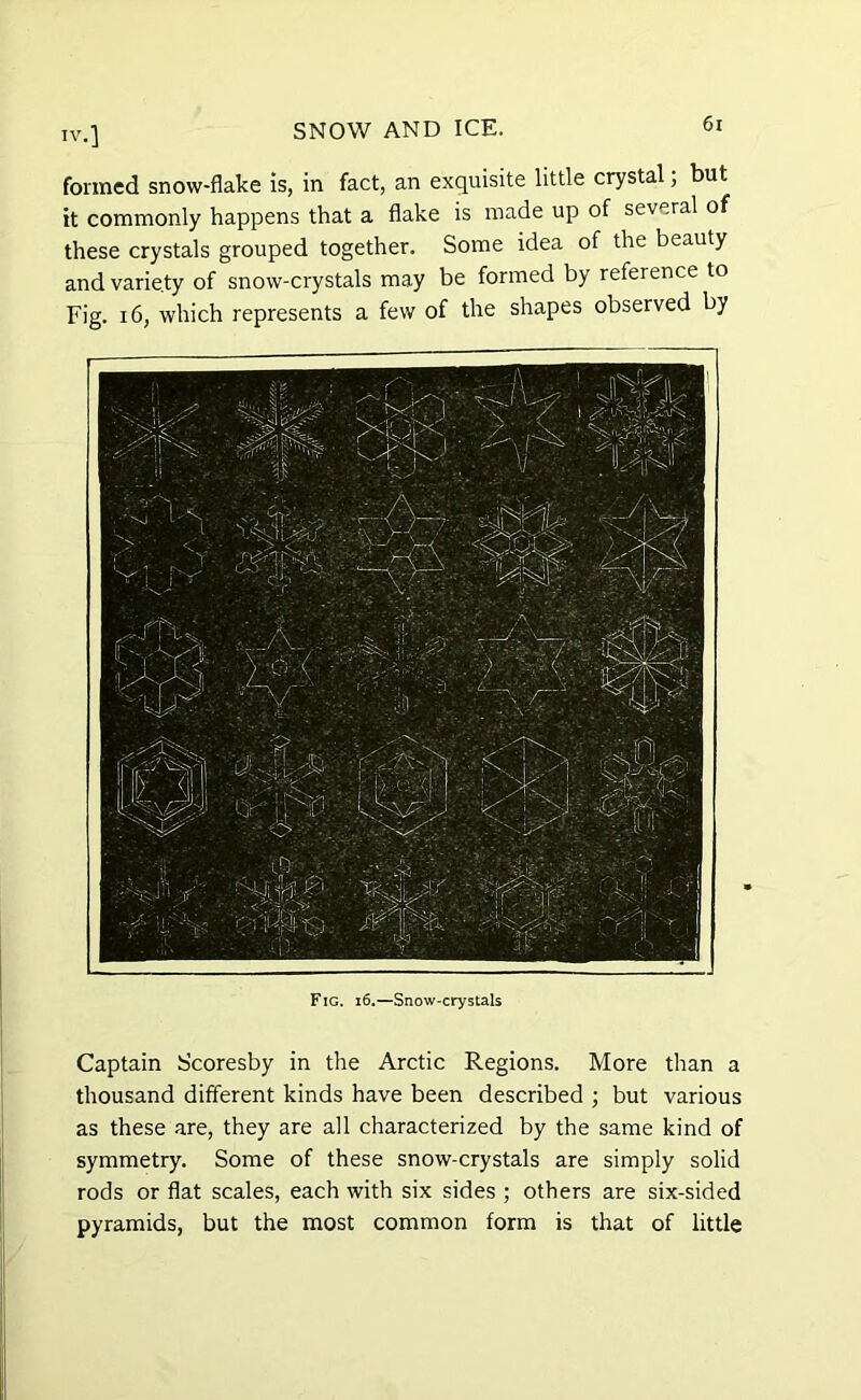 formed snow-flake is, in fact, an exquisite little crystal, but it commonly happens that a flake is made up of several of these crystals grouped together. Some idea of the beauty and variety of snow-crystals may be formed by reference to Fig. 16, which represents a few of the shapes observed by Fig. 16.—Snow-crystals Captain Scoresby in the Arctic Regions. More than a thousand different kinds have been described ; but various as these are, they are all characterized by the same kind of symmetry. Some of these snow-crystals are simply solid rods or flat scales, each with six sides ; others are six-sided pyramids, but the most common form is that of little