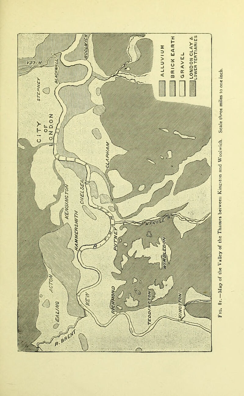 Fig. 8i.—Map of the Valley of the Thames between Kingston and Woolwich. Scale three miles to one inch.