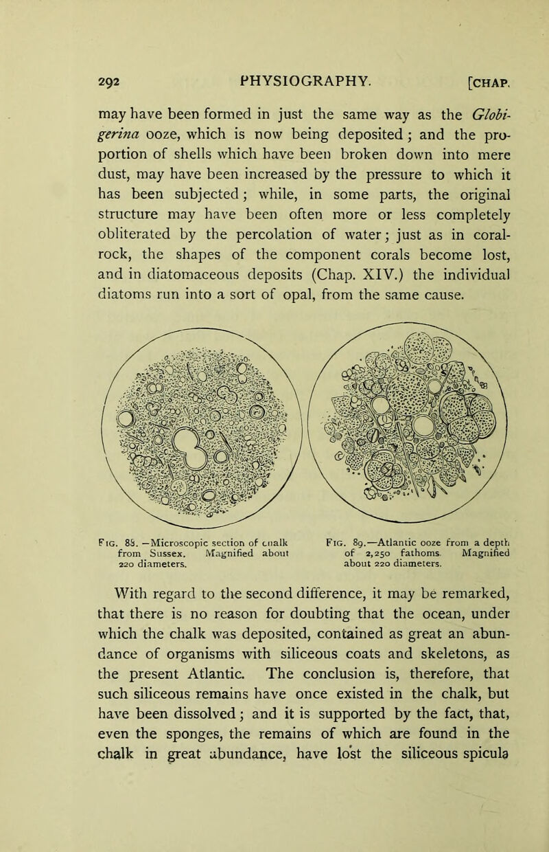 may have been formed in just the same way as the Globi- gerina ooze, which is now being deposited ; and the pro- portion of shells which have been broken down into mere dust, may have been increased by the pressure to which it has been subjected; while, in some parts, the original structure may have been often more or less completely obliterated by the percolation of water; just as in coral- rock, the shapes of the component corals become lost, and in diatomaceous deposits (Chap. XIV.) the individual diatoms run into a sort of opal, from the same cause. With regard to the second difference, it may be remarked, that there is no reason for doubting that the ocean, under which the chalk was deposited, contained as great an abun- dance of organisms with siliceous coats and skeletons, as the present Atlantic. The conclusion is, therefore, that such siliceous remains have once existed in the chalk, but have been dissolved; and it is supported by the fact, that, even the sponges, the remains of which are found in the chalk in great abundance, have lost the siliceous spicula Fig. 83. —Microscopic section of ciialk from Sussex. Magnified about 220 diameters. Fig. 89.—Atlantic ooze from a depth of 2,250 fathoms. Magnified about 220 diameters.