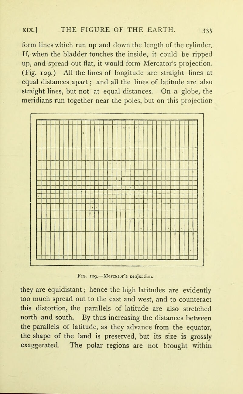 form lines which run up and down the length of the cylinder. If, when the bladder touches the inside-, it could be ripped up, and spread out flat, it would form Mercator’s projection. (Fig. 109.) All the lines of longitude are straight lines at equal distances apart; and all the lines of latitude are also straight lines, but not at equal distances. On a globe, the meridians run together near the poles, but on this projection Fig. 109.—Mercator’s projection. they are equidistant; hence the high latitudes are evidently too much spread out to the east and west, and to counteract this distortion, the parallels of latitude are also stretched north and south. By thus increasing the distances between the parallels of latitude, as they advance from the equator, the shape of the land is preserved, but its size is grossly exaggerated. The polar regions are not brought within