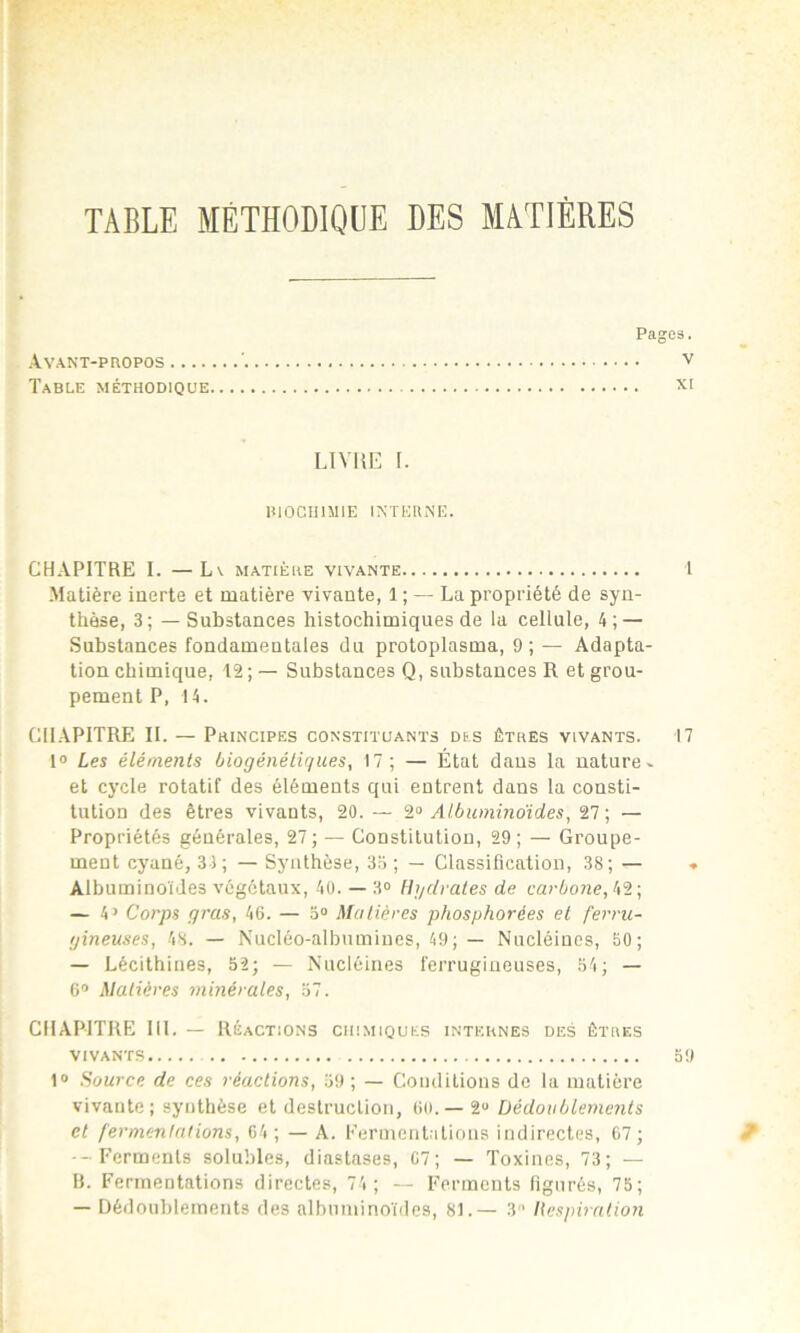 TABLE MÉTHODIQUE DES MATIÈRES Avant-propos Table méthodique. Pages. . V XI LIVRE I. BIOCHIMIE INTERNE. CHAPITRE I. — L\ MATIÈRE VIVANTE Matière inerte et matière vivante, 1 ; — La propriété de syn- thèse, 3; — Substances histochimiques de la cellule, 4; — Substances fondamentales du protoplasma, 9; — Adapta- tion chimique, 12; — Substances Q, substances R et grou- pement P, 14. CHAPITRE II. — Principes constituants des êtres vivants. 1° Les éléments biogénétiques, 17 ; — Etat dans la nature- et cycle rotatif des éléments qui entrent dans la consti- tution des êtres vivants, 20. — 2° Albuminoïdes, 27; — Propriétés générales, 27; — Constitution, 29; — Groupe- ment cyané, 31 ; — Synthèse, 33 ; — Classification, 38; Albuminoïdes végétaux, 40. — 3° Hydrates de carbone, 42 ; — 41 Corps gras, 46. — 3° Matières phosphorées et ferru- gineuses, 48. — Nucléo-albumines, 49; — Nucléines, 30; — Lécithines, 52; — Nucléines 6° Matières minérales, 57. ferrugineuses, 54; — CHAPITRE 111. — Réactions chimiques internes des êtres vivants 1° Source de ces réactions, 59 ; — Conditions de la matière vivante; synthèse et destruction, 60.— 2U Dédoublements et fermentations, 64; — A. Fermentations indirectes, 67; -- Ferments solubles, diastases, 67; — Toxines, 73; — B. Fermentations directes, 74; — Ferments figurés, 75; — Dédoublements des albuminoïdes, 81.— 3 Respiration 17 59