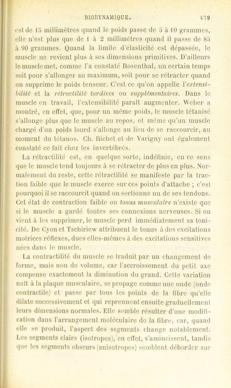 est de 15 millimètres quand le poids passe de 5 à 10 grammes, elle n’est plus que de 1 à 2 millimètres quand il passe de 85 à 90 grammes. Quand la limite d’élasticité est dépassée, le muscle ne revient plus à ses dimensions primitives. D’ailleurs le muscle met, comme l’a constaté Rosenthal, un certain temps soit pour s’allonger au maximum, soit pour se rétracter quand on supprime le poids tenseur. C’est ce qu’on appelle l'extensi- bilité et la rélractilité tardives ou supplémentaires. Dans le muscle en travail, l’extensibilité paraît augmenter. Weber a montré, en effet, que, pour un même poids, le muscle tétanisé s’allonge plus que le muscle au repos, et même qu’un muscle chargé d'un poids lourd s’allonge au lieu de se raccourcir, au moment du tétanos. Ch. Richet et de Varigny ont également constaté ce fait chez les invertébrés. La rélractilité est, en quelque sorte, indéfinie, en ce sens que le muscle tend toujours à se rétracter de plus en plus. Nor- malement du reste, cette rétractilité se manifeste par la trac- tion faible que le muscle exerce sur ces points d’attache ; c’est pourquoi il se raccourcit quand on sectionne un de ses tendons. Cet état de contraction faible ou tonus musculaire n’existe que si le muscle a gardé toutes ses connexions nerveuses. Si on ■vient à les supprimer, le muscle perd immédiatement sa toni- cité. De Cyonet Tschiriew attribuent le tonus à des excitations motrices réflexes, ducs elles-mêmes à des excitations sensitives nées dans le muscle. La contractilité du muscle se traduit par un changement de forme, mais non de volume, car l'accroissement du pctil axe compense exactement la diminution du grand. Celte variation naît à la plaque musculaire, se propage comme une oude (onde contractile) et passe par tous les points de la fibre qu’elle dilate successivement et qui reprennent ensuite graduellcmcnl leurs dimensions normales. Elle semble résulter d’une modifi- cation dans l’arrangement moléculaire de la fibre, car, quand elle se produit, l’aspect des segments change notablement. Les segments clairs (isotropes), en effet, s’amincissent, tandis que les segments obscurs (anisotropes) semblent déborder sur