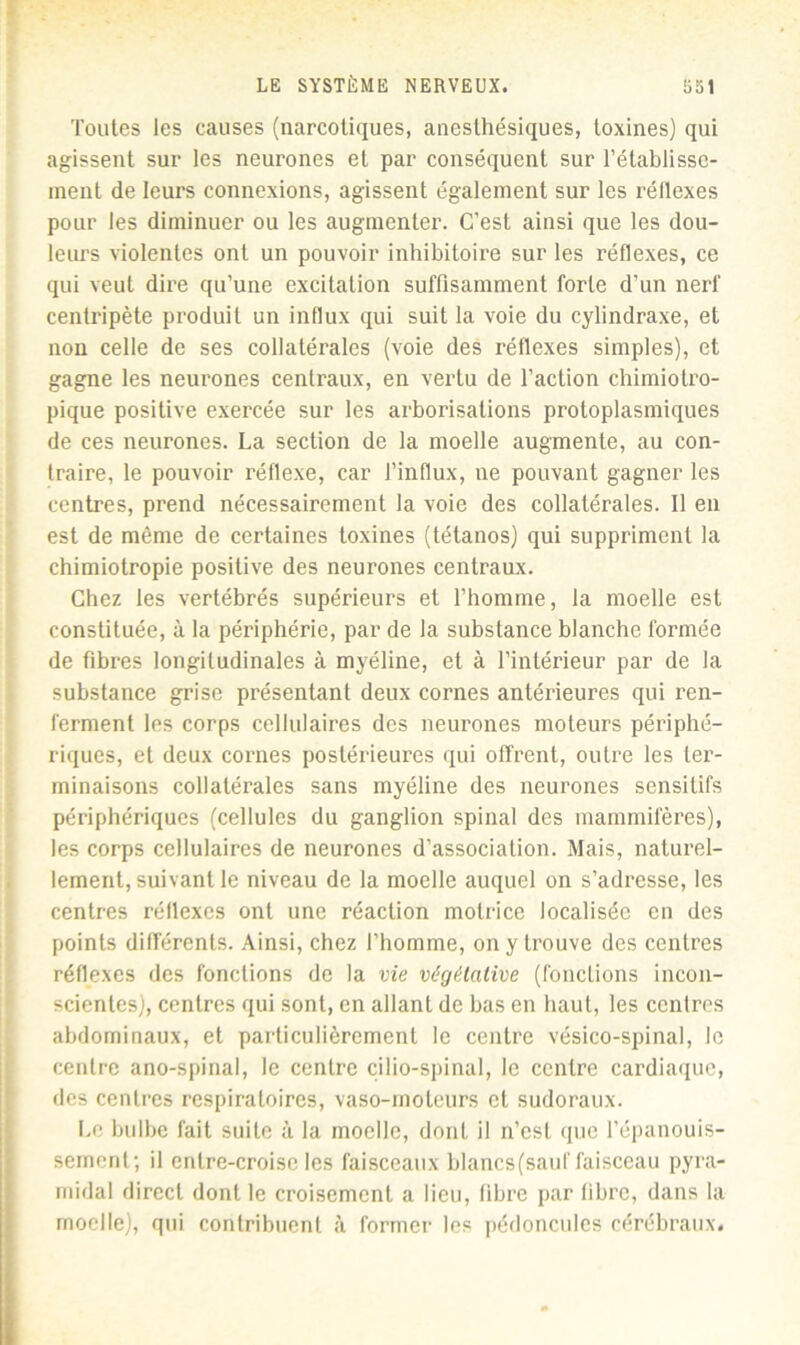 Toutes les causes (narcotiques, anesthésiques, toxines) qui agissent sur les neurones et par conséquent sur rétablisse- ment de leurs connexions, agissent également sur les l’éflexes pour les diminuer ou les augmenter. C'est ainsi que les dou- leurs violentes ont un pouvoir inhibitoire sur les réflexes, ce qui veut dire qu’une excitation suffisamment forte d’un nerf centripète produit un influx qui suit la voie du cylindraxe, et non celle de ses collatérales (voie des réflexes simples), et gagne les neurones centraux, en vertu de l’action chimiotro- pique positive exercée sur les arborisations protoplasmiques de ces neurones. La section de la moelle augmente, au con- traire, le pouvoir réflexe, car l’influx, ne pouvant gagner les centres, prend nécessairement la voie des collatérales. Il en est de même de certaines toxines (tétanos) qui suppriment la chimiotropie positive des neurones centraux. Chez les vertébrés supérieurs et l’homme, la moelle est constituée, à la périphérie, par de la substance blanche formée de fibres longitudinales à myéline, et à l’intérieur par de la substance grise présentant deux cornes antérieures qui ren- ferment les corps cellulaires des neurones moteurs périphé- riques, et deux cornes postérieures qui offrent, outre les ter- minaisons collatérales sans myéline des neurones sensitifs périphériques (cellules du ganglion spinal des mammifères), les corps cellulaires de neurones d’association. Mais, naturel- lement, suivant le niveau de la moelle auquel on s’adresse, les centres réflexes ont une réaction motrice localisée en des points différents. Ainsi, chez l’homme, on y trouve des centres réflexes des fonctions de la vie végétative (fonctions incon- scientes), centres qui sont, en allant de bas en haut, les centres abdominaux, et particulièrement le centre vésico-spinal, le centre ano-spinal, le centre cilio-spinal, le centre cardiaque, des centres respiratoires, vaso-moteurs et sudoraux. Le bulbe fait suite à la moelle, dont il n’est que l’épanouis- sement; il entre-croise les faisceaux blancs(sauf faisceau pyra- midal direct dont le croisement a lieu, fibre par fibre, dans la moelle), qui contribuent à former les pédoncules cérébraux.