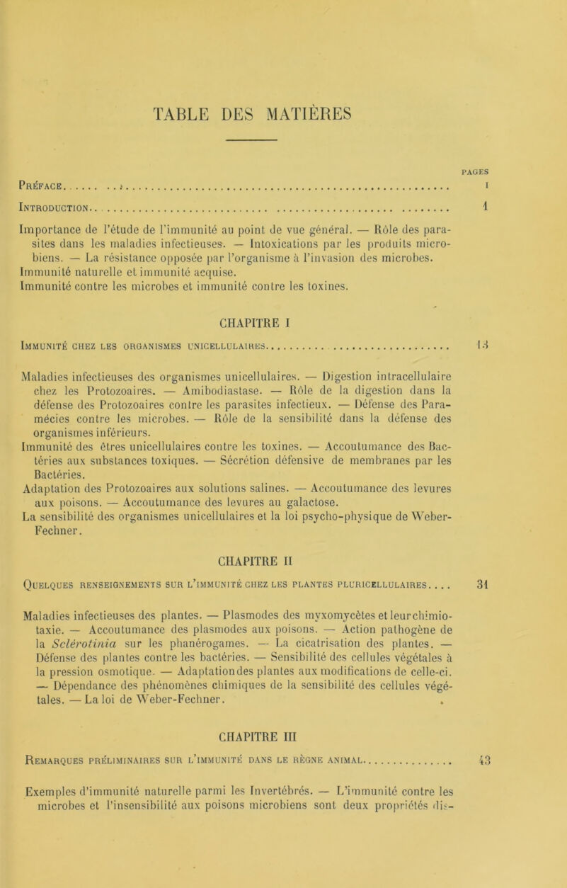 TABLE DES MATIÈRES PAGES Préface i i Introduction 1 Importance de l’étude de l’immunité au point de vue général. — Rôle des para- sites dans les maladies infectieuses. — Inlo.xications par les produits micro- biens. — La résistance opposée par l’organisme à l’invasion des microbes. Immunité naturelle et immunité acquise. Immunité contre les microbes et immunité contre les toxines. CHAPITRE I Immunité chez les organismes unicellulaikes Id Maladies infectieuses des organismes unicellulaires. — Digestion intracellulaire chez les Protozoaires. — Amibodiastase. — Rôle de la digestion dans la défense des Protozoaires contre les parasites infectieux. — Défense des Para- mécies contre les microbes. — Rôle de la sensibilité dans la défense des organismes inférieurs. Immunité des êtres unicellulaires contre les toxines. — Accoutumance des bac- téries aux substances toxiques. — Sécrétion défensive de membranes par les Bactéries. Adaptation des Protozoaires aux solutions salines. — Accoutumance des levures aux poisons. — Accoutumance des levures au galactose. La sensibilité des organismes unicellulaires et la loi psycho-physique de Weber- Fechner. CHAPITRE II Quelques renseignements sur l’immunité chez les plantes pluricellulaires. ... 31 Maladies infectieuses des plantes. — Plasmodes des myxomycètes et leurchimio- taxie. — Accoutumance des plasmodes aux poisons. — Action pathogène de la Sclérotinia sur les phanérogames. — La cicatrisation des plantes. — Défense des plantes contre les bactéries. — Sensibilité des cellules végétales à la pression osmotique. — Adaptationdes plantes aux modifications de celle-ci. — Dépendance des phénomènes chimiques de la sensibilité des cellules végé- tales. — La loi de Weber-Fechner. CHAPITRE III Remarques préliminaires sur l’immunité dans le règne animal 43 Exemples d’immunité naturelle parmi les Invertébrés. — L’immunité contre les microbes et l’insensibilité aux poisons microbiens sont deux propriétés di<-