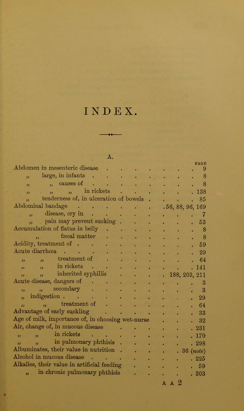 INDEX. A. Abdomen in mesenteric disease PAGE . 9 „ large, in infants .... „ „ causes of ... V . 8 . 8 „ „ „ in rickets . 138 „ tenderness of, in ulceration of bowels .85 Abdominal bandage .56, 88, 96, 169 „ disease, cry in . . 7 „ pain may prevent sucking . . 53 Accumulation of flatus in belly . 8 „ fsecal matter . 8 Acidity, treatment of . . . . . 59 Acute diarrhoea . 29 „ „ treatment of . 64 „ „ in rickets .... . 141 „ „ inherited syphillis . 188, 203, 211 Acute disease, dangers of ... . 3 „ „ secondary .... . 3 „ indigestion . 29 „ „ treatment of . 64 Advantage of early suckling . 33 Age of milk, importance of, in choosing wet-nurse . 32 Air, change of, in mucous disease . 231 „ „ in rickets .... . 170 „ „ in pulmonary phthisis . . 298 Albuminates, their value in nutrition . . . 36 (note) Alcohol in mucous disease .... . 225 Alkalies, their value in artificial feeding . 59 „ in chronic pulmonary phthisis . 303 A A 2