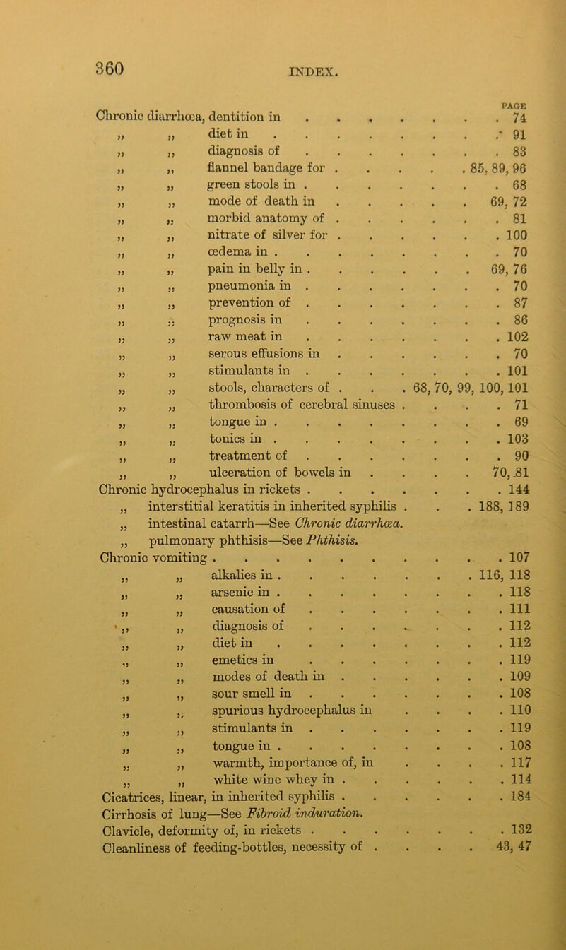 Chronic diarrhoea, dentition in ... PAGE . 74 33 33 diet in .... .- 91 33 33 diagnosis of ... . 83 33 33 flannel bandage for . . 85, 89, 98 33 33 green stools in . . 68 33 33 mode of death in 69, 72 33 33 morbid anatomy of . . 81 33 33 nitrate of silver for . . 100 33 33 cedema in . . 70 33 33 pain in belly in . 69, 76 33 33 pneumonia in . . 70 33 33 prevention of . . 87 33 33 prognosis in ... . 86 33 33 raw meat in ... . 102 33 33 serous effusions in . 70 33 33 stimulants in . . 101 33 33 stools, characters of . 68, 70, 99, 100,101 33 33 thrombosis of cerebral sinuses . . 71 33 33 tongue in . 69 33 33 tonics in . . 103 33 33 treatment of . 90 33 33 ulceration of bowels in 70, .81 Chronic hydrocephalus in rickets .... . 144 33 interstitial keratitis in inherited syphilis . 188, 189 ,, intestinal catarrh—See Chronic diarrhoea. „ pulmonary phthisis—See Phthisis. Chronic vomiting . 107 3? 33 alkalies in . 116, 118 3? 33 arsenic in . 118 33 33 causation of ... . Ill • 5> 33 diagnosis of ... . 112 33 33 diet in .... . 112 13 33 emetics in .... . 119 33 33 modes of death in . 109 33 13 sour smell in . 108 33 3; spurious hydrocephalus in . 110 33 33 stimulants in . . . 119 33 33 tongue in . 108 33 33 warmth, importance of, in . 117 33 33 white wine whey in . . 114 Cicatrices, linear in inherited syphilis . . 184 Cirrhosis of lung—See Fibroid induration. Clavicle, deformity of, in rickets . . . . . 132 Cleanliness of feeding-bottles, necessity of . • 43, 47