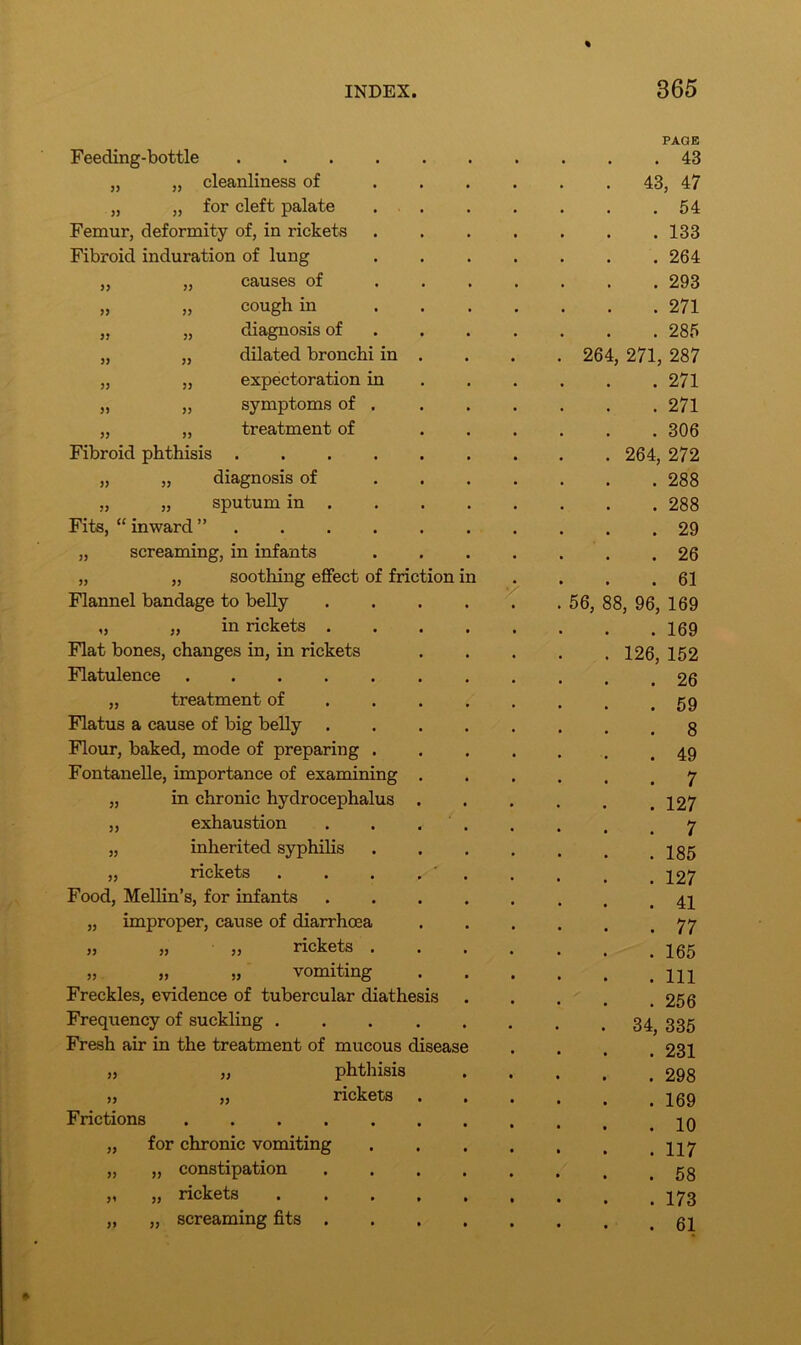 Feeding-bottle .... PAGE . 43 „ „ cleanliness of . 43, 47 „ „ for cleft palate . 54 Femur, deformity of, in rickets . 133 Fibroid induration of lung . 264 „ „ causes of . 293 „ „ cough in . 271 „ „ diagnosis of . 285 „ „ dilated bronchi in 264, 271, 287 „ „ expectoration in . 271 „ „ symptoms of . . 271 „ „ treatment of . 306 Fibroid phthisis .... . 264, 272 „ „ diagnosis of . 288 „ „ sputum in . . 288 Fits, “ inward ” . . . . . 29 „ screaming, in infants . 26 „ „ sootliing effect of friction in y . 61 Flannel bandage to belly 56, 88, 96, 169 „ „ in rickets . . 169 Flat bones, changes in, in rickets . 126, 152 Flatulence . 26 „ treatment of . 59 Flatus a cause of big belly . 8 Flour, baked, mode of preparing . . 49 Fontanelle, importance of examining . 7 „ in chronic hydrocephalus . 127 ,, exhaustion . 7 „ inherited syphilis . 185 „ rickets . 127 Food, Mellin’s, for infants . 41 „ improper, cause of diarrhoea . 77 „ „ „ rickets . . 165 „ „ „ vomiting . Ill Freckles, evidence of tubercular diathesis . 256 Frequency of suckling . . 34, 335 Fresh air in the treatment of mucous disease . 231 „ „ phthisis . 298 „ „ rickets . 169 Frictions . 10 „ for chronic vomiting . 117 „ „ constipation . 58 „ „ rickets . 173 „ „ screaming fits . . 61