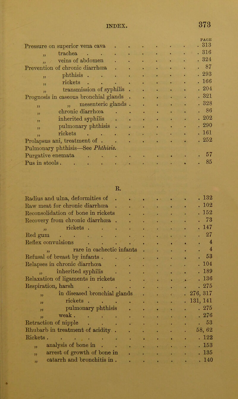 Pressure on superior vena cava . 313 „ trachea . 316 „ veins of abdomen . 324 Prevention of chronic diarrhoea . 87 „ phthisis . 293 „ rickets ..... . 166 „ transmission of syphilis . . 204 Prognosis in caseous bronchial glands . . 321 „ „ mesenteric glands . . 328 „ chronic diarrhoea . 86 „ inherited syphilis . 202 „ pulmonary phthisis . . 290 „ rickets . 161 Prolapsus ani, treatment of . Pulmonary phthisis—See Phthisis. . 252 Purgative enemata ..... . 57 Pus in stools . 85 R. Radius and ulna, deformities of . 132 Raw meat for chronic diarrhoea . 102 Reconsolidation of bone in rickets . 152 Recovery from chronic diarrhoea . . 73 „ rickets . . 147 Red gum ..... . 27 Reflex convulsions . 4 „ rare in cachectic infants . 4 Refusal of breast by infants . . 53 Relapses in chronic diarrhoea . 104 „ inherited syphilis . 189 Relaxation of ligaments in rickets . 136 Respiration, harsh . 275 „ in diseased bronchial glands 276, 317 „ rickets . 131, 141 „ pulmonary phthisis . 275 „ weak.... . 276 Retraction of nipple . 53 Rhubarb in treatment of acidity . 58, 62 Rickets „ analysis of bone in . . 153 „ arrest of growth of bone in . 135 „ catarrh and bronchitis in . . 140
