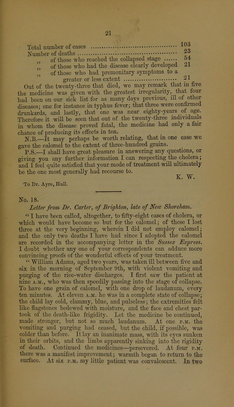 Total number of cases ^ Number of deaths • •' y Z~. of those who reached the collapsed stage 54 ” of those who had the disease clearly developed 21 ” of those who had premonitary symptoms to a greater or less extent 21 Out of the twenty-three that died, we may remark that in five the medicine was given with the greatest irregularity, that four had been on our sick list for as many days previous, ill of other diseases; one for instance in typhus fever; that three were confirmed drunkards, and lastly, that one was near eighty-years of age. Therefore it will be seen that out of the twenty-three individuals in whom the disease proved fatal, the medicine had only a fair chance of producing its effects in ten. N.B.—It may perhaps be worth relating, that in one case we gave the calomel to the extent of three-hundred grains. P.S.—I shall have great pleasure in answering any questions, or giving you any further information I can respecting the cholera; and I feel quite satisfied that your mode of treatment will ultimately be the one most generally had recourse to. K. W. To Dr. Ayre, Hull. No. 18. Letter from Dr. Carter, of Brighton, late of New Shoreham. “ I have been called, altogether, to fifty-eight cases of cholera, or which would have become so but for the calomel; of these I lost three at the very beginning, wherein I did not employ calomel; and the only two deaths I have had since I adopted the calomel are recorded in the accompanying letter in the Sussex Express. I doubt whether any one of your correspondents can adduce more convincing proofs of the wonderful effects of your treatment. “ William Adams, aged two years, was taken ill between five and six in the morning of September 9th, with violent vomiting and purging of the rice-water discharges. I first saw the patient at nine a.m., who was then speedily passing into the stage of collapse. To have one grain of calomel, with one drop of laudanum, every ten minutes. At eleven a.m. he was in a complete state of collapse; the child lay cold, clammy, blue, and pulseless; the extremities felt like flagstones bedewed with moisture, and the face and chest par- took of the death-like frigidity. Let the medicine be continued, made stronger, but not so much laudanum. At one p.m. the vomiting and purging had ceased, but the child, if possible, was colder than before. It lay an inanimate mass, with its eyes sunken in their orbits, and the limbs apparently sinking into the rigidity of death. Continued the medicines—persevered. At four p.m. there was a manifest improvement; warmth began to return to the surface. At six p.m. my little patient was convalescent. In two