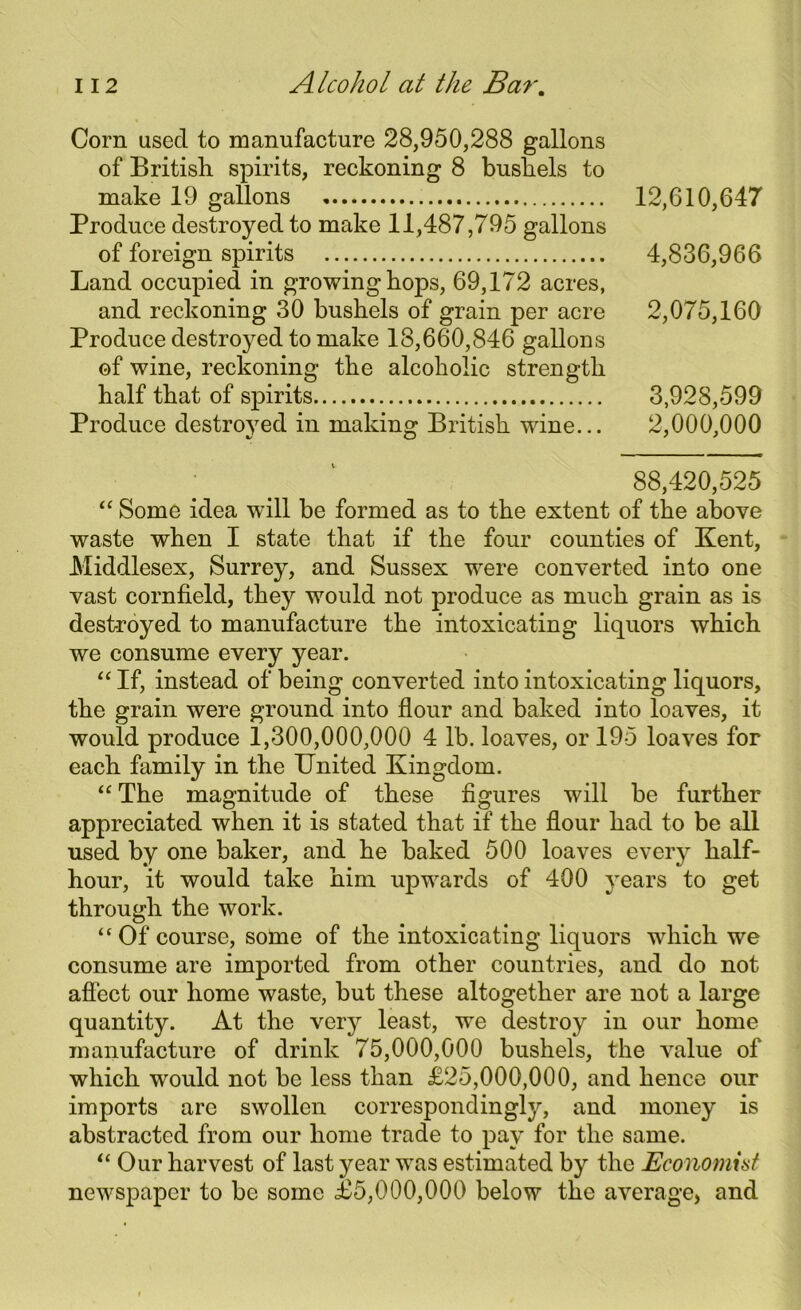 Com used to manufacture 28,950,288 gallons of British, spirits, reckoning 8 bushels to make 19 gallons 12,610,647 Produce destroyed to make 11,487,795 gallons of foreign spirits 4,836,966 Land occupied in growing hops, 69,172 acres, and reckoning 30 bushels of grain per acre 2,075,160 Produce destroyed to make 18,660,846 gallons of wine, reckoning the alcoholic strength half that of spirits 3,928,599 Produce destroyed in making British wine... 2,000,000 88,420,525 “ Some idea will be formed as to the extent of the above waste when I state that if the four counties of Kent, Middlesex, Surrey, and Sussex were converted into one vast cornfield, they would not produce as much grain as is destroyed to manufacture the intoxicating liquors which we consume every year. “ If, instead of being converted into intoxicating liquors, the grain were ground into flour and baked into loaves, it would produce 1,300,000,000 4 lb. loaves, or 195 loaves for each family in the United Kingdom. “ The magnitude of these figures will be further appreciated when it is stated that if the flour had to be all used by one baker, and he baked 500 loaves every half- hour, it would take him upwards of 400 years to get through the work. “Of course, some of the intoxicating liquors which we consume are imported from other countries, and do not affect our home waste, but these altogether are not a large quantity. At the very least, we destroy in our home manufacture of drink 75,000,000 bushels, the value of which would not be less than £25,000,000, and hence our imports are swollen correspondingly, and money is abstracted from our home trade to pay for the same. “ Our harvest of last year was estimated by the Economist newspaper to be some £5,000,000 below the average, and