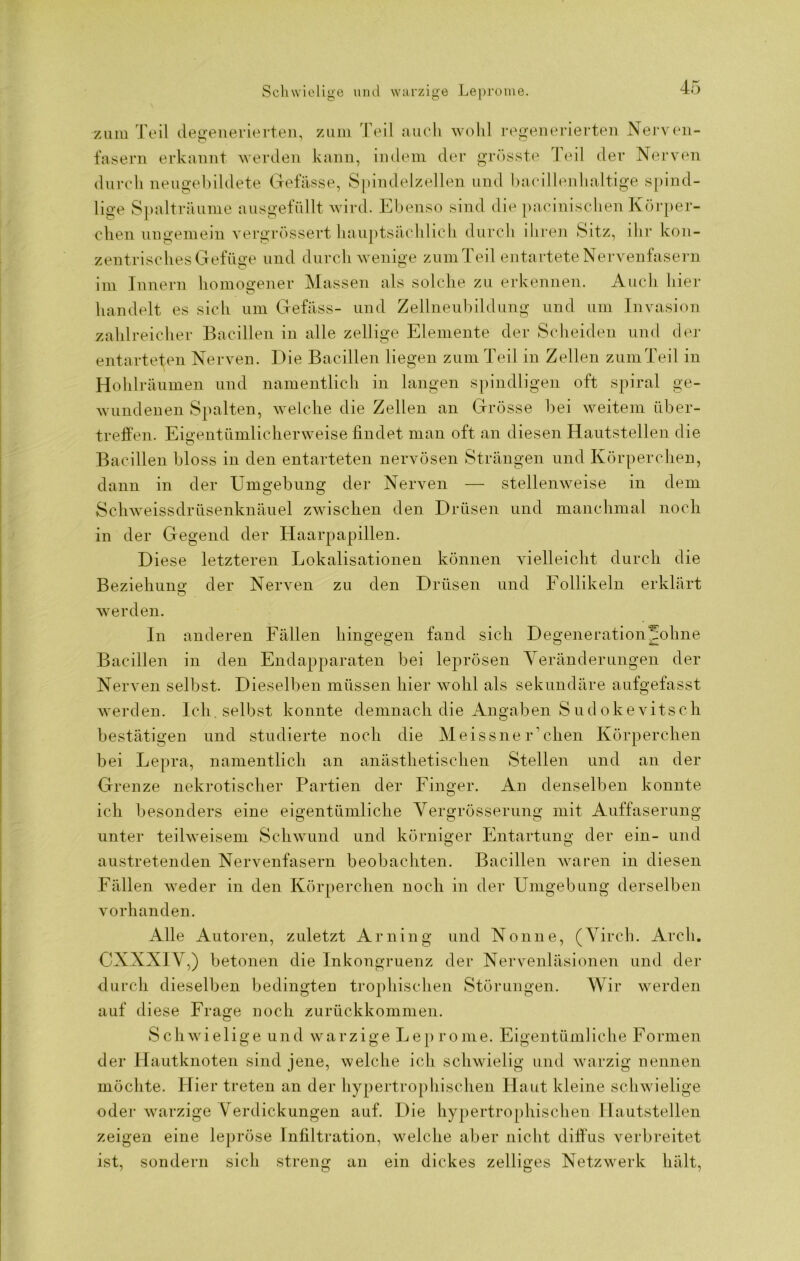 Schwielige und warzige Leprome. zum Teil degenerierten, zum Teil auch wohl regenerierten Nerven- fasern erkannt werden kann, indem der grösste Teil der Nerven durch neugebildete Gelasse, Spindelzellen und bacillenhaltige spind- lige Spalträume ausgefüllt wird. Ebenso sind die pacinischen Körper- chen uugemein vergrössert hauptsächlich durch ihren Sitz, ihr kon- zentrisches Gefüge und durch wenige zum Teil entartete Nervenfasern im Innern homogener Massen als solche zu erkennen. Auch hier handelt es sich um Gefäss- und Zellneubildung und um Invasion zahlreicher Bacillen in alle zellige Elemente der Scheiden und dei- entarteten Nerven. Die Bacillen liegen zum Teil in Zellen zum Teil in Hohlräumen und namentlich in langen spindligen oft spiral ge- wundenen Spalten, welche die Zellen an Grösse bei weitem über- treffen. Eigentümlicherweise findet man oft an diesen Hautstellen die Bacillen bloss in den entarteten nervösen Strängen und Körperchen, dann in der Umgebung der Nerven — stellenweise in dem Schweissdrüsenknäuel zwischen den Drüsen und manchmal noch in der Gegend der Haarpapillen. Diese letzteren Lokalisationen können vielleicht durch die Beziehung der Nerven zu den Drüsen und Follikeln erklärt o werden. In anderen Fällen hingegen fand sich Degeneration Johne Bacillen in den Endapparaten bei leprösen Veränderungen der Nerven selbst. Dieselben müssen hier wohl als sekundäre aufgefasst werden. Ich selbst konnte demnach die Angaben Sudokevitsch bestätigen und studierte noch die Meissner’chen Körperchen bei Lepra, namentlich an anästhetischen Stellen und an der Grenze nekrotischer Partien der Finger. An denselben konnte ich besonders eine eigentümliche Vergrösserung mit Auffaserung- unter teilweisem Schwund und körniger Entartung der ein- und austretenden Nervenfasern beobachten. Bacillen waren in diesen Fällen weder in den Körperchen noch in der Umgebung derselben vorhanden. Alle Autoren, zuletzt Arning und Nonne, (Virch. Arcli. CXNXIV,) betonen die Inkongruenz der Nervenläsionen und der durch dieselben bedingten trophischen Störungen. Wir werden auf diese Frage noch zurückkommen. Schwielige und warzige Leprome. Eigentümliche Formen der Hautknoten sind jene, welche ich schwielig und warzig nennen möchte. Hier treten an der hypertrophischen Haut kleine schwielige oder warzige Verdickungen auf. Die hypertrophischen Hautstellen zeigen eine lepröse Infiltration, welche aber nicht diffus verbreitet ist, sondern sich streng an ein dickes zelliges Netzwerk hält,