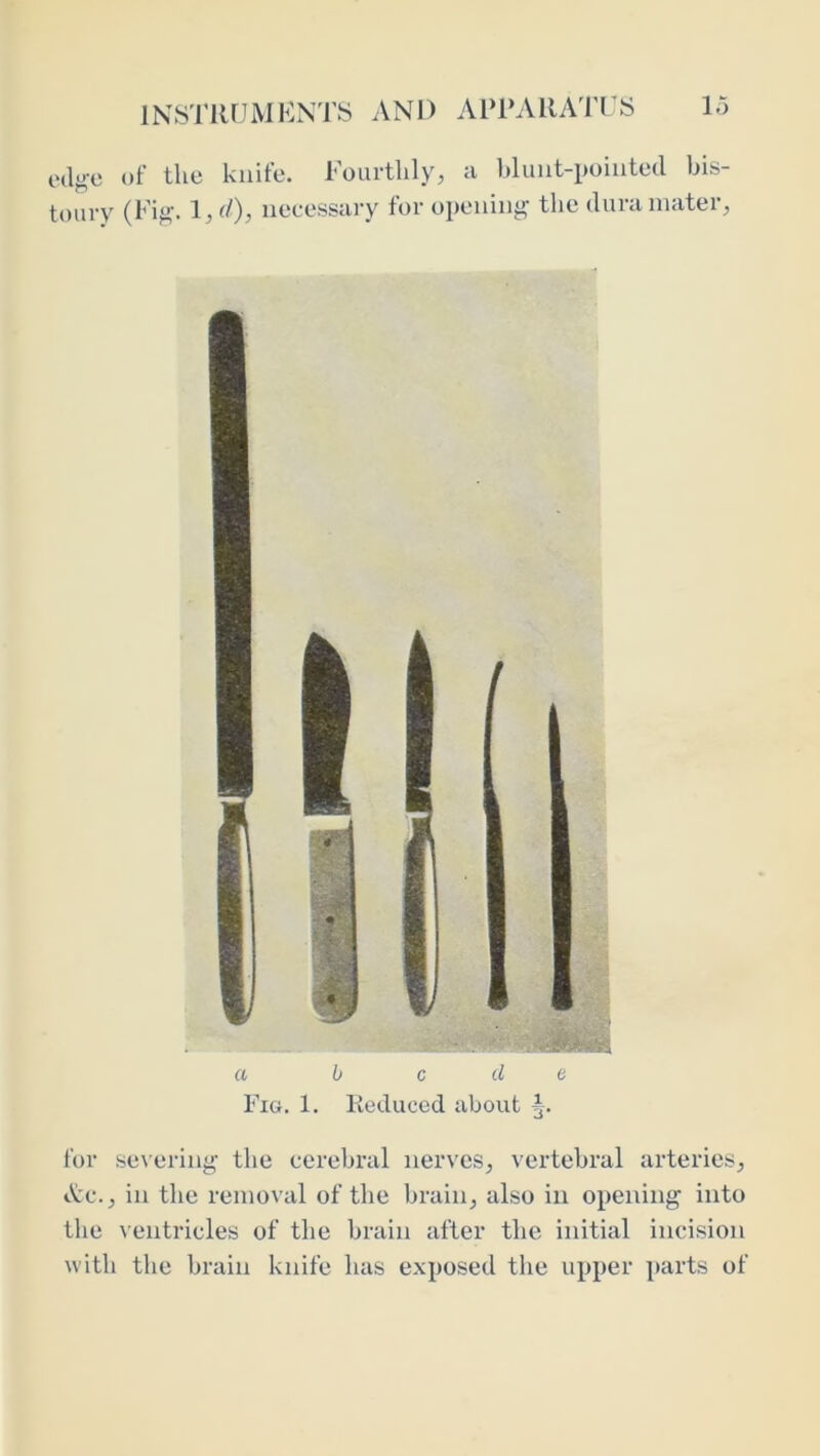 edge of the knife. Fourthly, a bluiit-poiiited bis- toury (Fig. \,d), necessary for opening the dura mater, a b c d e Fig. 1. Reduced about 3. for se\ering the cerebral nerves, vertebral arteries, Ac., in the removal of the brain, also in opening into the ventricles of the brain after the initial incision with the brain knife has exposed the upper parts of