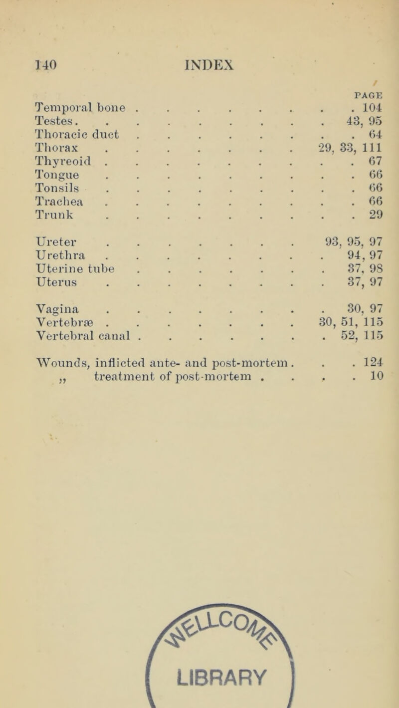 Temporal bone . f PAGE . 104 Testes. 43, 95 Thoracic duct . 04 Thorax •29, 33, 111 Thyreoid . . 67 Tongue . 66 Tonsils . 66 Trncliea . 66 Trunk . 29 Ureter 93, 95, 97 Urethra 94, 97 Uterine tube 37, 98 Uterus 37, 97 Vagina 30, 97 Vertebrae . 30, 51, 115 Vertebral canal . . 52, 115 Wounds, inflicted ante- and post-mortem . . 124 ,, treatment of post-mortem . . 10