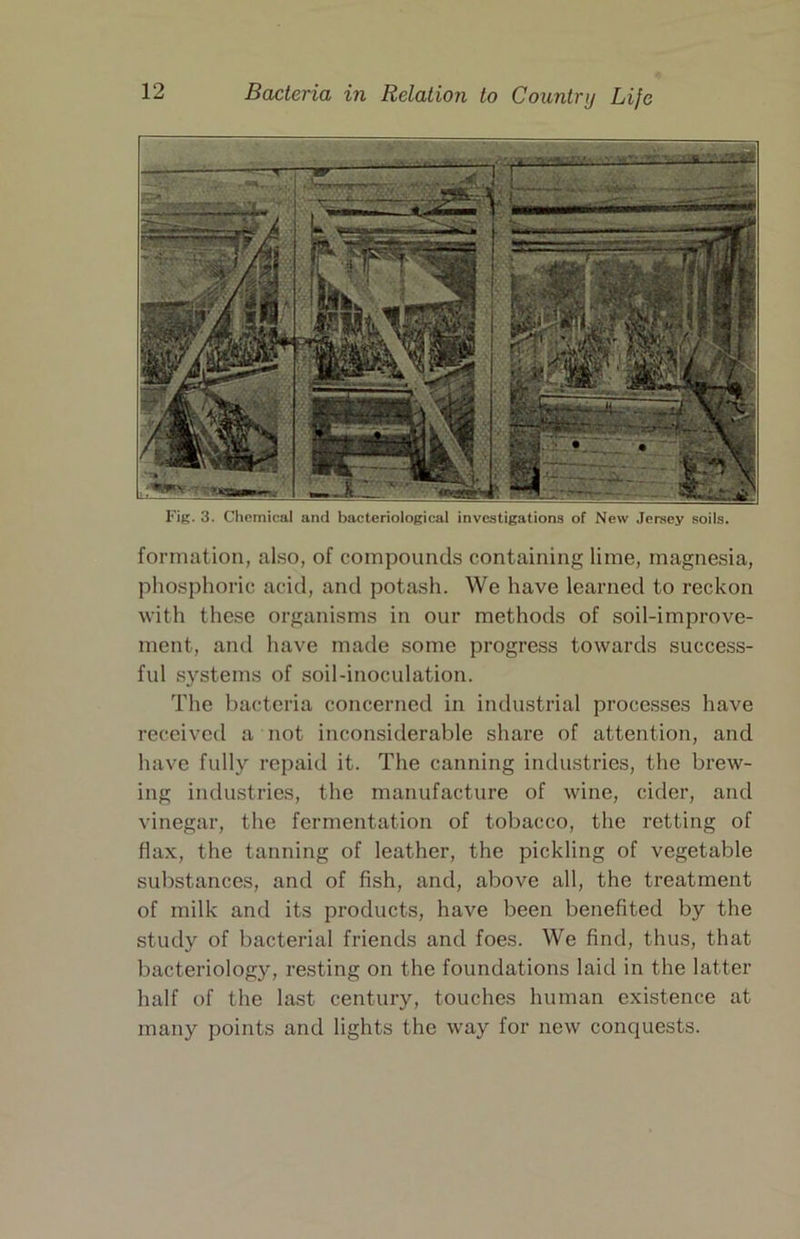 Fig. 3. Chemical and bacteriological investigations of New Jersey soils. formation, also, of compounds containing lime, magnesia, phosphoric acid, and potash. We have learned to reckon with these organisms in our methods of soil-improve- ment, and have made some progress towards success- ful systems of soil-inoculation. The bacteria concerned in industrial processes have receivctl a not inconsiderable share of attention, and have fully repaid it. The canning industries, the brew- ing industries, the manufacture of wine, cider, and vinegar, the fermentation of tobacco, the retting of flax, the tanning of leather, the pickling of vegetable substances, and of fish, and, above all, the treatment of milk and its products, have been benefited by the study of bacterial friends and foes. We find, thus, that bacteriology, resting on the foundations laid in the latter half of the last century, touches human existence at many points and lights the way for new conquests.