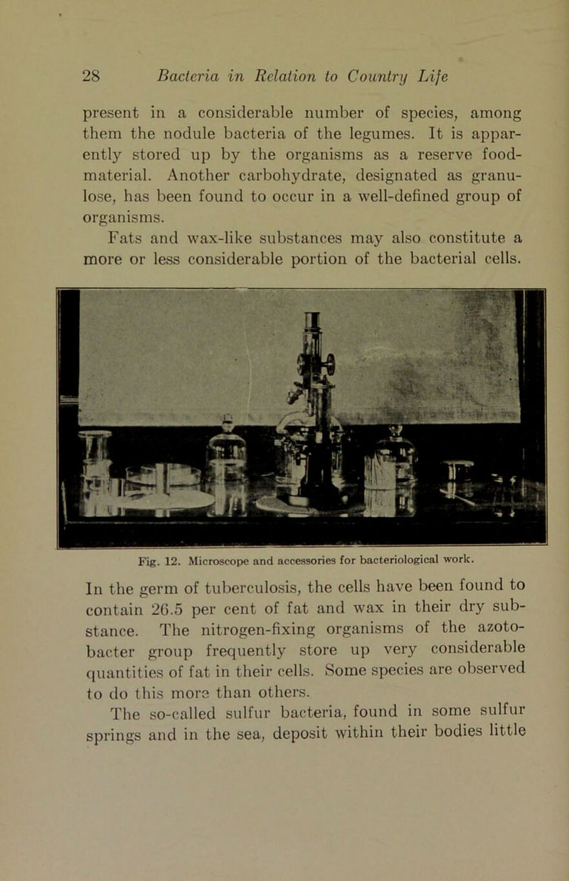 present in a considerable number of species, among them the nodule bacteria of the legumes. It is appar- ently stored up by the organisms as a reserve food- material. Another carbohydrate, designated as granu- lose, has been found to occur in a well-defined group of organisms. Fats and wax-like substances may also constitute a more or less considerable portion of the bacterial cells. Fig. 12. Microscope and accessories for bacteriological work. In the germ of tuberculosis, the cells have been found to contain 26.5 per cent of fat and wax in their dry sub- stance. The nitrogen-fixing organisms of the azoto- bacter group frequently store up very considerable quantities of fat in their cells. Some species are observed to do this more than others. The so-called sulfur bacteria, found in some sulfur springs and in the sea, deposit within their bodies little