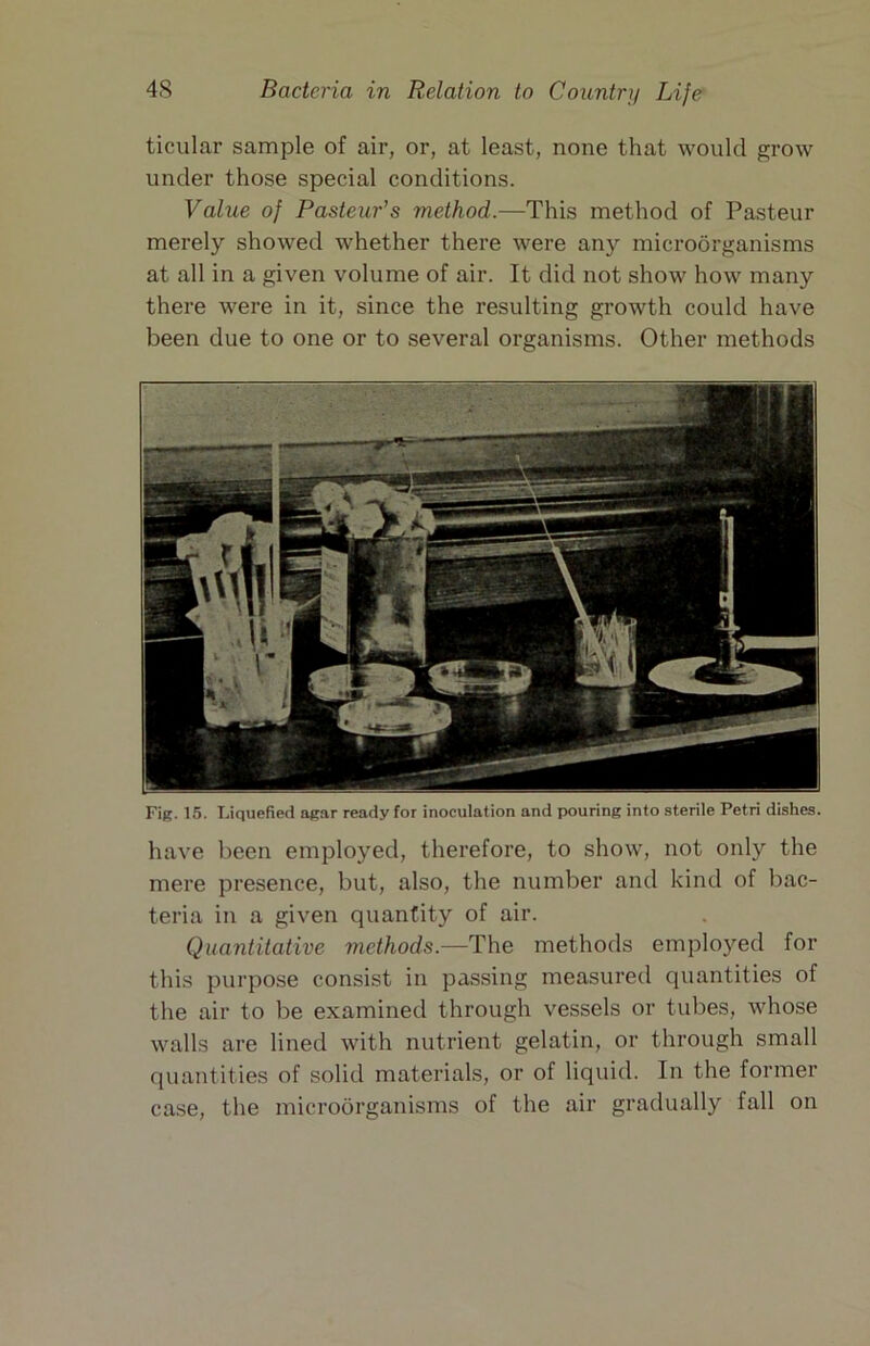 ticular sample of air, or, at least, none that would grow under those special conditions. Value of Pasteur’s method.—This method of Pasteur merely showed whether there were any microorganisms at all in a given volume of air. It did not show how many there were in it, since the resulting growth could have been due to one or to several organisms. Other methods Fig. 15. Liquefied agar ready for inoculation and pouring into sterile Petri dishes. have been employed, therefore, to show, not only the mere presence, but, also, the number and kind of bac- teria in a given quantity of air. Quantitative methods.—The methods employed for this purpose consist in passing measured quantities of the air to be examined through vessels or tubes, whose walls are lined with nutrient gelatin, or through small quantities of solid materials, or of liquid. In the former case, the microorganisms of the air gradually fall on