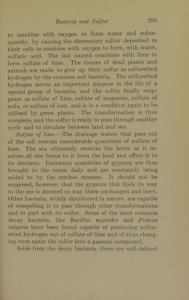 to combine with oxygen to form water and subse- quently, by causing the elementary sulfur deposited in their cells to combine with oxygen to form, with water, sulfuric acid. The last named combines with lime to form sulfate of lime. The tissues of dead plants and animals are made to give up their sulfur as sulfuretted hydrogen by the common soil bacteria. The sulfuretted hydrogen serves an important purpose in the life of a special group of bacteria, and the sulfur finally reap- pears as sulfate of lime, sulfate of magnesia, sulfate of soda, or sulfate of iron, and is in a condition again to be utilized by green plants. The transformation is thus complete, and the sulfur is ready to pass through another cycle and to circulate between land and sea. Sulfate of lime.—The drainage waters that pass out of the soil contain considerable quantities of sulfate of lime. The sea ultimately receives the latter as it re- ceives all else borne to it from the land and offers it to its denizens. Enormous quantities of gypsum are thus brought to the ocean daily and are constantly being added to by the restless streams. It should not be supposed, however, that the gypsum that finds its way to the sea is doomed to stay there unchanged and inert. Other bacteria, widely distributed in nature, are capable of compelling it to pass through other transformations and to part with its sulfur. Some of the most common decay bacteria, like Bacillus mycoides and Proteus vidgaris have been found capable of producing sulfur- etted hydrogen out of sulfate of lime and of thus chang- ing once again the sulfur into a gaseous compound. Aside from the decay bacteria, there are Avell-defined