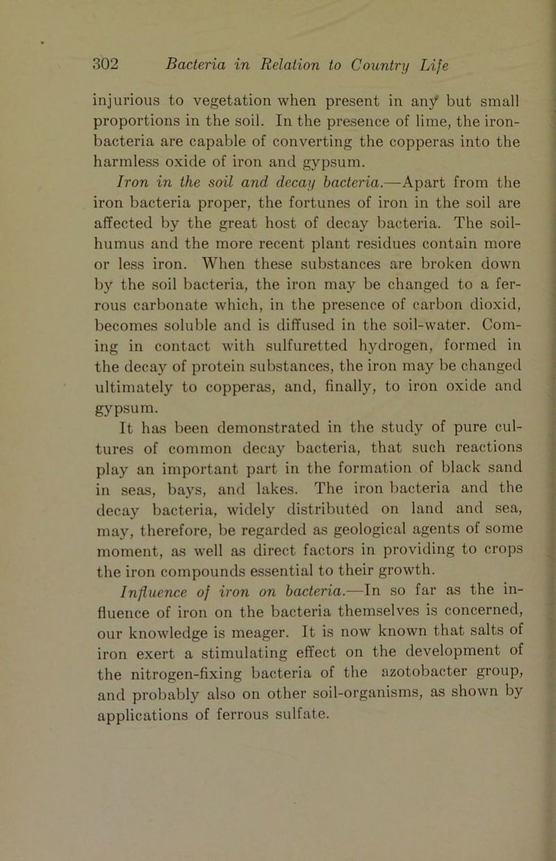 injurious to vegetation when present in any* but small proportions in the soil. In the presence of lime, the iron- bacteria are capable of converting the copperas into the harmless oxide of iron and gypsum. Iron in the soil and decay bacteria.—Apart from the iron bacteria proper, the fortunes of iron in the soil are affected by the great host of decay bacteria. The soil- humus and the more recent plant residues contain more or less iron. When these substances are broken down by the soil bacteria, the iron may be changed to a fer- rous carbonate which, in the presence of carbon dioxid, becomes soluble and is diffused in the soil-water. Com- ing in contact with sulfuretted hydrogen, formed in the decay of protein substances, the iron may be changed ultimately to copperas, and, finally, to iron oxide and gypsum. It has been demonstrated in the study of pure cul- tures of common decay bacteria, that such reactions play an important part in the formation of black sand in seas, bay's, and lakes. The iron bacteria and the decay bacteria, widely distributed on land and sea, may, therefore, be regarded as geological agents of some moment, as well as direct factors in providing to crops the iron compounds essential to their growth. Influence of iron on bacteria.—In so far as the in- fluence of iron on the bacteria themselves is concerned, our knowledge is meager. It is now known that salts of iron exert a stimulating effect on the development of the nitrogen-fixing bacteria of the azotobacter group, and probably also on other soil-organisms, as shown by applications of ferrous sulfate. 1 \ i