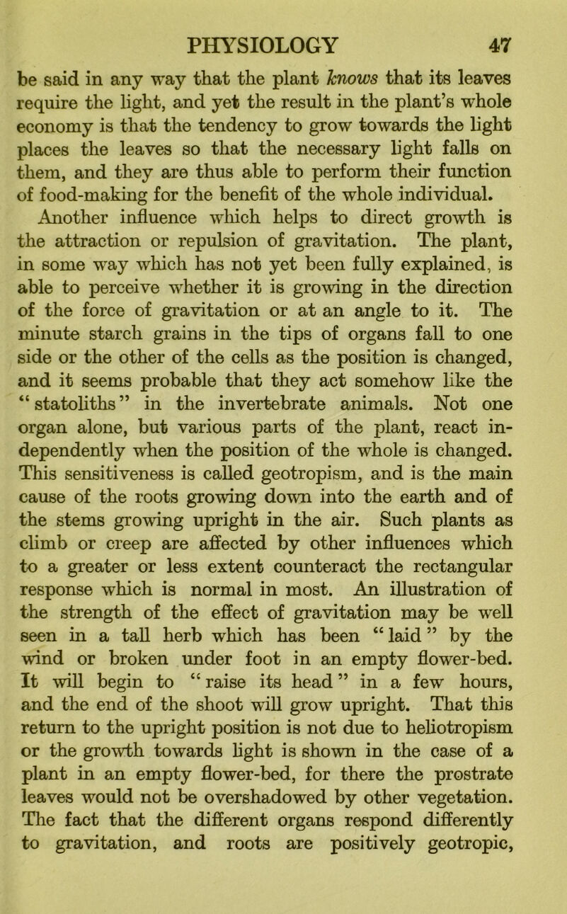 be said in any way that the plant knows that its leaves require the light, and yet the result in the plant’s whole economy is that the tendency to grow towards the light places the leaves so that the necessary light falls on them, and they are thus able to perform their function of food-making for the benefit of the whole individual. Another infiuence which helps to direct growth is the attraction or repulsion of gravitation. The plant, in some way which has not yet been fully explained, is able to perceive whether it is growing in the direction of the force of gravitation or at an angle to it. The minute starch grains in the tips of organs fall to one side or the other of the cells as the position is changed, and it seems probable that they act somehow like the “ statoliths ” in the invertebrate animals. Not one organ alone, but various parts of the plant, react in- dependently when the position of the whole is changed. This sensitiveness is called geotropism, and is the main cause of the roots growing down into the earth and of the stems growing upright in the air. Such plants as climb or creep are affected by other influences which to a greater or less extent counteract the rectangular response which is normal in most. An illustration of the strength of the effect of gravitation may be well seen in a taU herb which has been “ laid ” by the wind or broken under foot in an empty flower-bed. It will begin to “ raise its head ” in a few hours, and the end of the shoot will grow upright. That this return to the upright position is not due to hehotropism or the growth towards light is shown in the case of a plant in an empty flower-bed, for there the prostrate leaves would not be overshadowed by other vegetation. The fact that the different organs respond differently to gravitation, and roots are positively geotropic.