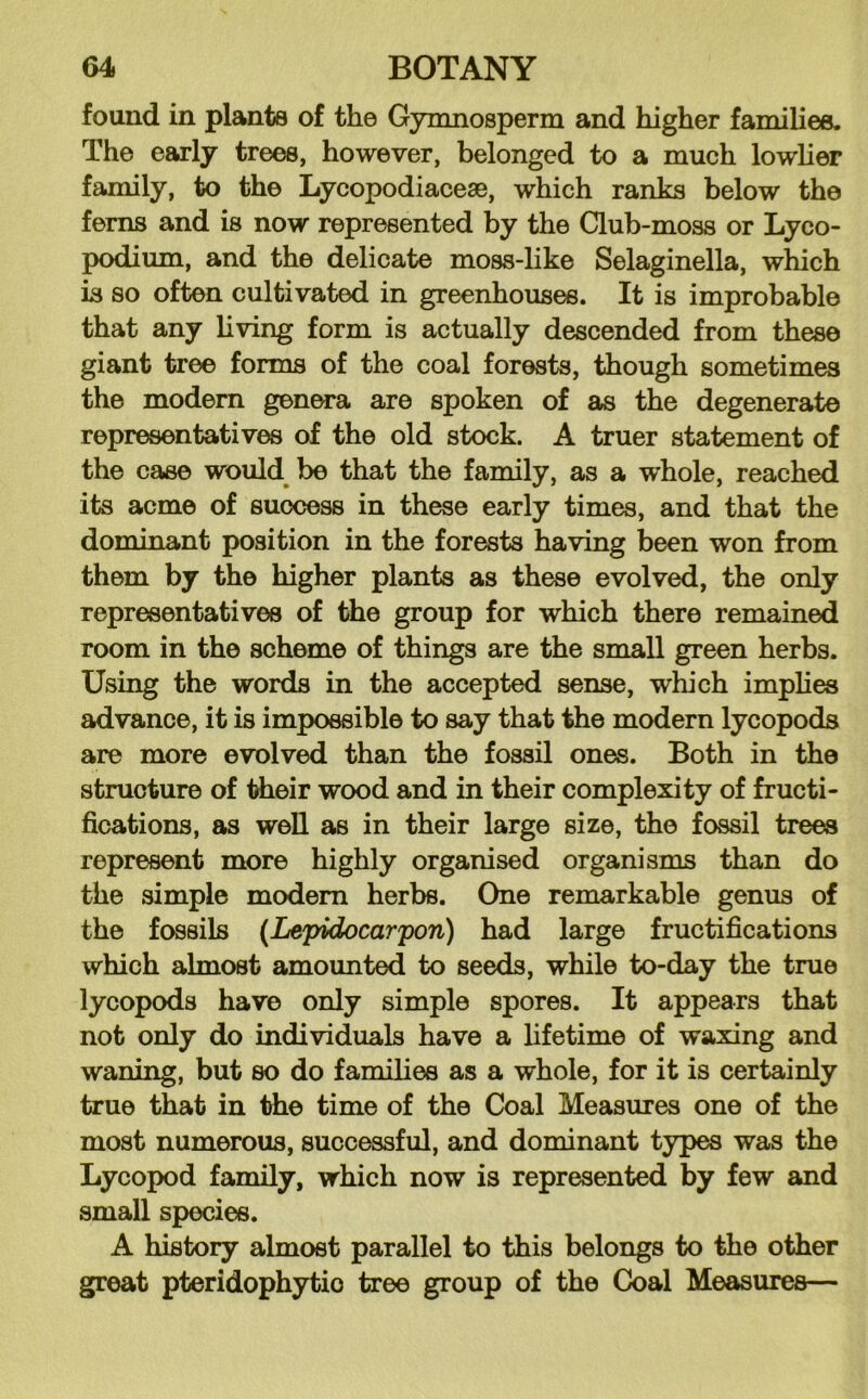 found in plants of the Gymnosperm and higher families. The early trees, however, belonged to a much lowlier family, to the Lycopodiacese, which ranks below the ferns and is now represented by the Club-moss or Lyco- podium, and the delicate moss-like Selaginella, which is so often cultivated in greenhouses. It is improbable that any living form is actually descended from these giant tree forms of the coal forests, though sometimes the modem genera are spoken of as the degenerate representatives of the old stock. A truer statement of the case would^ be that the family, as a whole, reached its acme of success in these early times, and that the dominant position in the forests having been won from them by the higher plants as these evolved, the only representatives of the group for which there remained room in the scheme of things are the small green herbs. Using the words in the accepted sense, which imphes advance, it is impossible to say that the modern lycopods are more evolved than the fossil ones. Both in the structure of ttieir wood and in their complexity of fructi- fications, as well as in their large size, the fossil trees represent more highly organised organisms than do the simple modem herbs. One remarkable genus of the fossils (Lepidocarpon) had large fructifications which almost amounted to seeds, while to-day the tme lycopods have only simple spores. It appears that not only do individuals have a lifetime of waxing and waning, but so do families as a whole, for it is certainly true that in the time of the Coal Measures one of the most numerous, successful, and dominant types was the Lycopod family, which now is represented by few and small species. A history almost parallel to this belongs to the other great pteridophytio tree group of the Coal Measures—