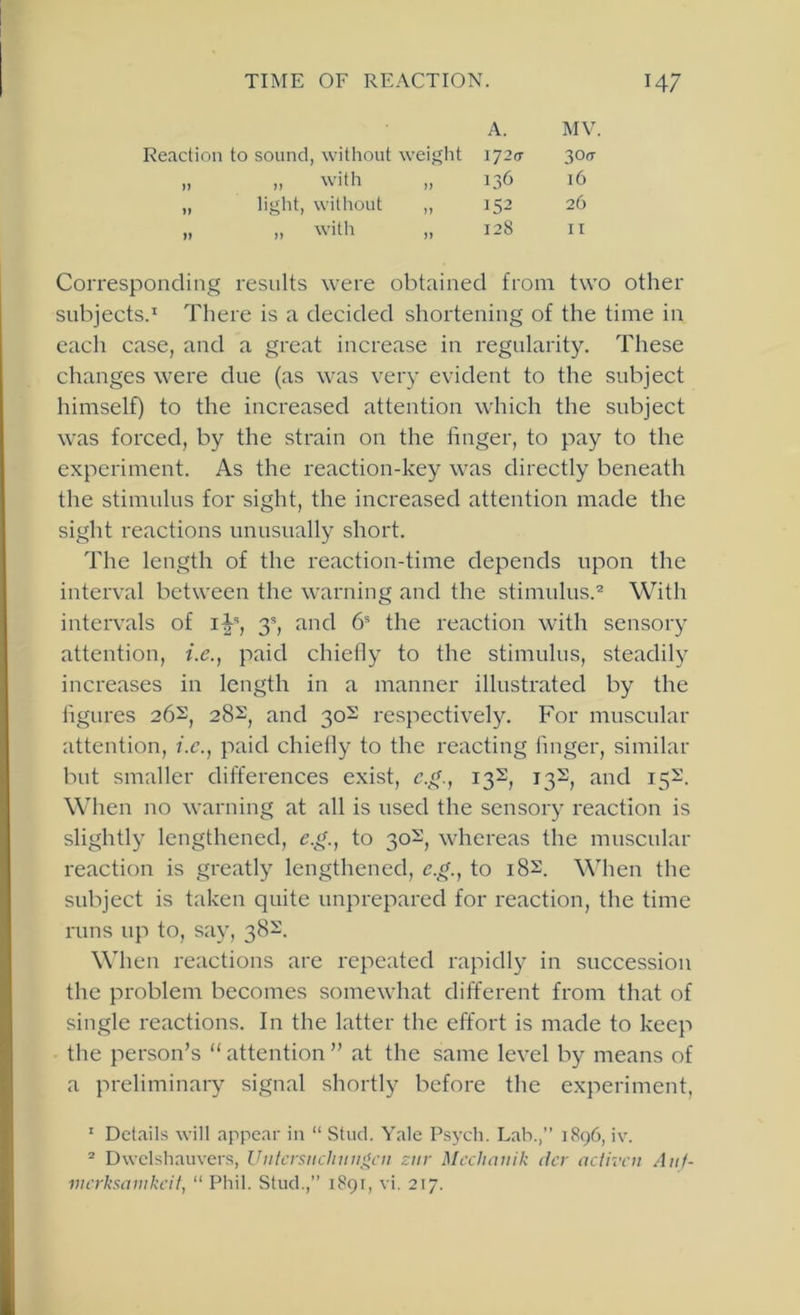 MV. 30(t 16 26 II Corresponding results were obtained from two other subjects.^ There is a decided shortening of the time in each case, and a great increase in regularity. These changes were due (as was very evident to the subject himself) to the increased attention which the subject was forced, by the strain on the finger, to pay to the experiment. As the reaction-key was directly beneath the stimulus for sight, the increased attention made the sight reactions unusually short. The length of the reaction-time depends upon the interval between the warning and the stimulus.^ With intervals of i^-, 3, and 6 the reaction with sensory attention, i.e., paid chiefly to the stimulus, steadily increases in length in a manner illustrated by the figures 26s^ 282, and 30S respectively. For muscular attention, f.c., paid chiefly to the reacting finger, similar but smaller differences exist, 132, 132^ and 152. When no warning at all is used the sensory reaction is slightly lengthened, e.^., to 302, whereas the muscular reaction is greatly lengthened, e.g., to 182. When the subject is taken quite unprepared for reaction, the time runs up to, say, 382. When reactions are repeated rapidly in succession the problem becomes somewhat different from that of single reactions. In the latter the effort is made to keep the person’s “ attention ” at the same level by means of a preliminary signal shortly before the experiment, ' Details will appear in “ Stud. Yale Psych. Lah.,” 1896, iv. “ Dwelshauvers, lUitcrsiicIinn_^ni ziir Mcchauik dcr activen Atif- vicrksainkcit, “ Phil. Stud.,” 1891, vi. 217. A. Reaction to sound, without weight I72<t „ „ with „ 136 „ light, without „ 152 „ „ with „ 128