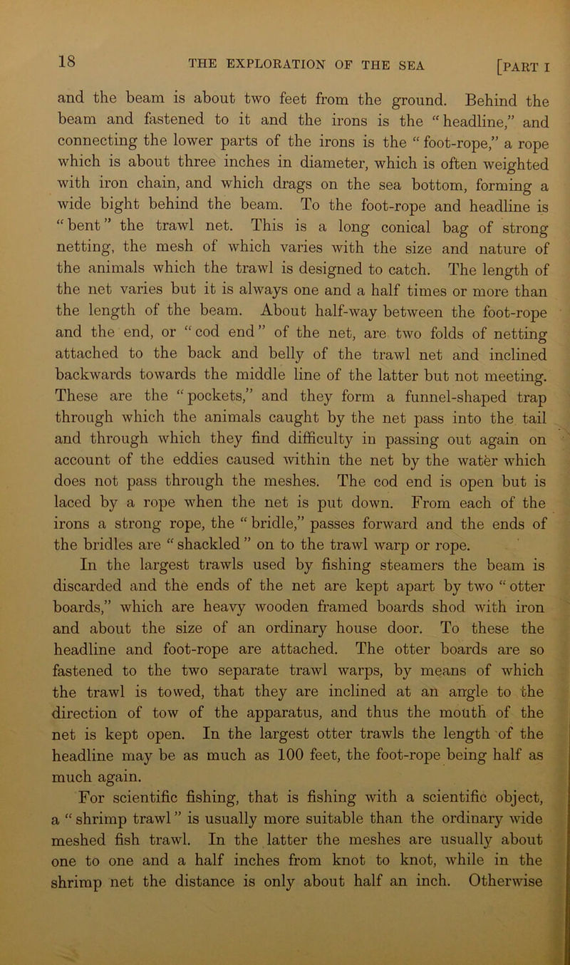 and the beam is about two feet from the ground. Behind the beam and fastened to it and the irons is the ''headline/’ and connecting the lower parts of the irons is the “ foot-rope,” a rope which is about three inches in diameter, which is often weighted with iron chain, and which drags on the sea bottom, forming a wide bight behind the beam. To the foot-rope and headline is “bent” the trawl net. This is a long conical bag of strong netting, the mesh of which varies with the size and nature of the animals which the trawl is designed to catch. The length of the net varies but it is always one and a half times or more than the length of the beam. About half-way between the foot-rope and the end, or “ cod end ” of the net, are two folds of netting attached to the back and belly of the trawl net and inclined backwards towards the middle line of the latter but not meeting. These are the “pockets,” and they form a funnel-shaped trap through which the animals caught by the net pass into the tail and through which they find difficulty in passing out again on account of the eddies caused within the net by the water which does not pass through the meshes. The cod end is open but is laced by a rope when the net is put down. From each of the irons a strong rope, the “ bridle,” passes forward and the ends of the bridles are “ shackled ” on to the trawl warp or rope. In the largest trawls used by fishing steamers the beam is discarded and the ends of the net are kept apart by two otter boards,” which are heavy wooden framed boards shod with iron and about the size of an ordinary house door. To these the headline and foot-rope are attached. The otter boards are so fastened to the two separate trawl warps, by means of which the trawl is towed, that they are inclined at an angle to the direction of tow of the apparatus, and thus the mouth of the net is kept open. In the largest otter trawls the length of the headline may be as much as 100 feet, the foot-rope being half as much again. For scientific fishing, that is fishing with a scientific object, a “ shrimp trawl ” is usually more suitable than the ordinary wide meshed fish trawl. In the latter the meshes are usually about one to one and a half inches from knot to knot, while in the shrimp net the distance is only about half an inch. Otherwise