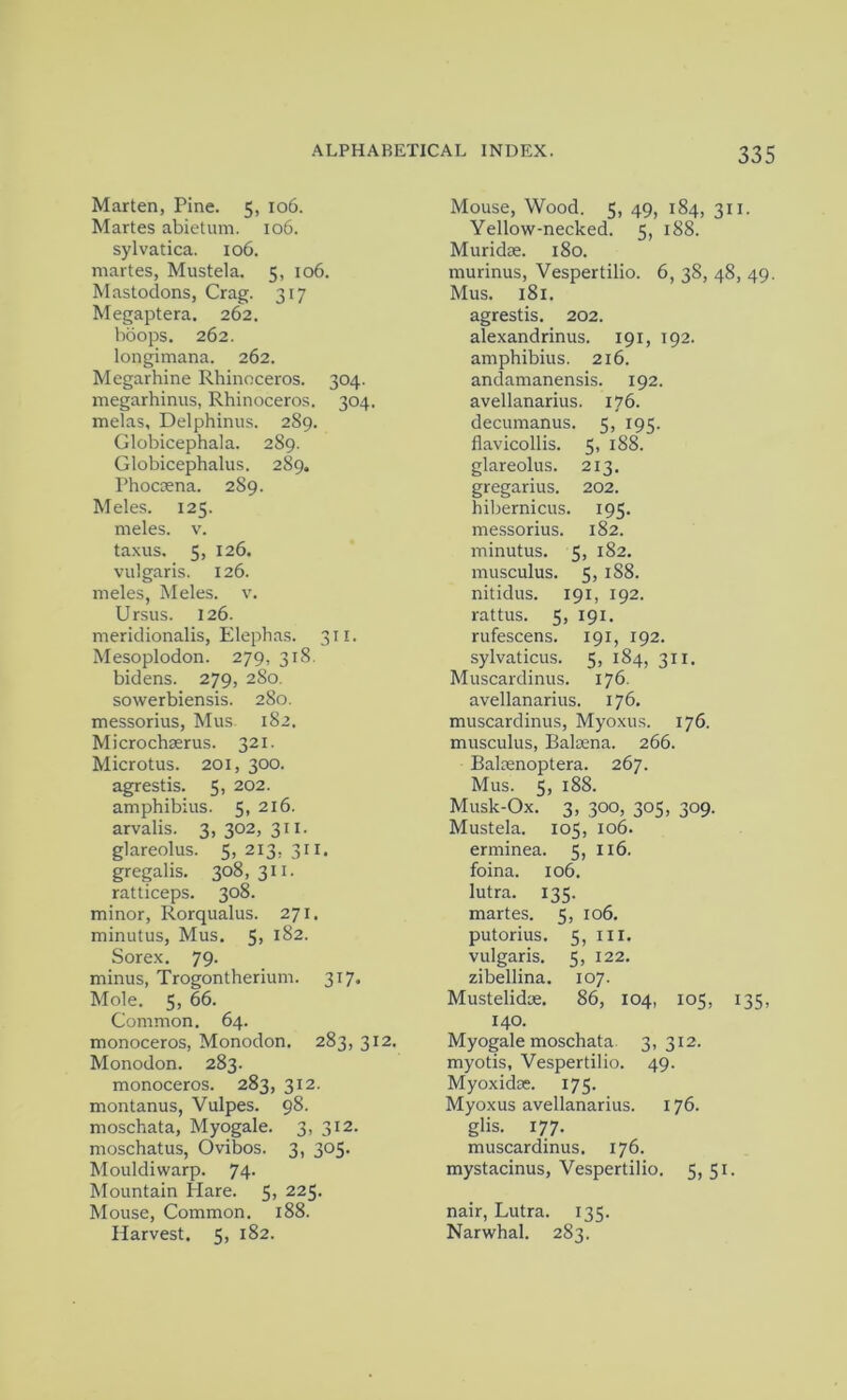 Marten, Pine. 5, 106. Martes abietum. 106. sylvatica. 106. martes, Mustek. 5, 106. Mastodons, Crag. 317 Megaptera. 262. hoops. 262. longimana. 262. Megarhine Rhinoceros. 304. megarhinus, Rhinoceros. 304. melas, Delphinus. 289. Globicephala. 289. Globicephalus. 289. Phocsena. 289. Meles. 125. meles. v. taxus. 5, 126. vulgaris. 126. meles, Meles. v. Ursus. 126. meridionalis, Elephas. 311. Mesoplodon. 279, 318. bidens. 279, 280. sowerbiensis. 280. messorius, Mus 182. Microchaerus. 321. Microtus. 201, 300. agrestis. 5, 202. amphibius. 5, 216. arvalis. 3,302,311. glareolus. 5, 213, 311. gregalis. 308,311. ratticeps. 308. minor, Rorqualus. 271. minutus, Mus. 5, 182. Sorex. 79. minus, Trogontherium. 317. Mole. 5, 66. Common. 64. monoceros, Monodon. 283, 312. Monodon. 283. monoceros. 283, 312. montanus, Vulpes. 98. moschata, Myogale. 3, 312. moschatus, Ovibos. 3, 305. Mouldiwarp. 74. Mountain Hare. 5> 225- Mouse, Common. 188. Harvest. 5, 182. Mouse, Wood. 5, 49, 184, 311. Yellow-necked. 5, 188. Muridse. 180. murinus, Vespertilio. 6, 38, 48, 49. Mus. 181. agrestis. 202. alexandrinus. 191, 192. amphibius. 216. andamanensis. 192. avellanarius. 176. decumanus. 5, 195. flavicollis. 5, 188. glareolus. 213. gregarius. 202. hibernicus. 195. messorius. 182. minutus. 5, 182. musculus. 5, 188. nitidus. 191, 192. rattus. 5, 191. rufescens. 191, 192. sylvaticus. 5, 184, 311. Muscardinus. 176. avellanarius. 176. muscardinus, Myoxus. 176. musculus, Balaena. 266. Balaenoptera. 267. Mus. 5, 188. Musk-Ox. 3, 300, 305, 309. Mustela. 105, 106. erminea. 5, 116. foina. 106. lutra. 135. martes. 5, 106. putorius. 5, ill. vulgaris. 5, 122. zibellina. 107. Mustelidae. 86, 104, 105, 135, 140. Myogale moschata. 3,312. myotis, Vespertilio. 49. Myoxidse. 175. Myoxus avellanarius. 176. glis. 177. muscardinus. 176. mystacinus, Vespertilio. 5, 51. nair, Lutra. 135. Narwhal. 283.