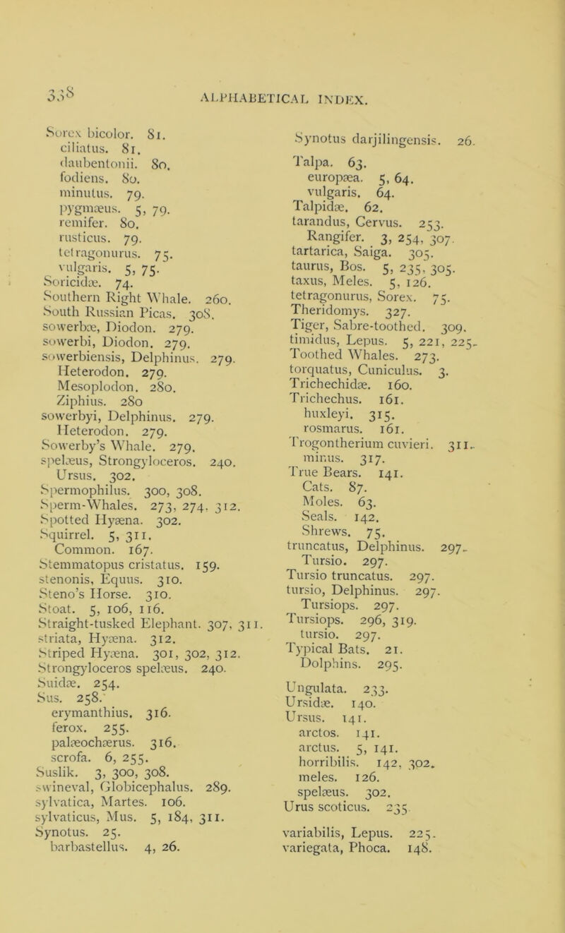 * > ^ Sorex bicolor. Si. ciliatus. 81. daubentonii. So. fodiens. So. minutus. 79. pygmaeus. 5, 79. reraifer. So. rusticus. 79. tetragonurus. 75. vulgaris. 5, 75.' Soricidae. 74. Southern Right Whale. 260. South Russian Picas. 30S. sowerbce, Diodon. 279. sowerbi, Diodon. 279. sowerbiensis, Delphinus. 279. Iieterodon, 279. Mesoplodon. 2S0. Ziphius. 280 sowerbyi, Delphinus. 279. Iieterodon. 279. Sowerby’s Whale. 279. spelaeus, Strongyloceros. 240. Ursus. 302. Spermophilus. 300, 308. Sperm-Whales. 273, 274. 312. Spotted Hyaena. 302. Squirrel. 5, 311. Common. 167. Stemmatopus cristatus. 159. stenonis, Equus. 310. Steno’s Horse. 310. Stoat. 5, 106, 116. Straight-tusked Elephant. 307, 311. striata, Hyaena. 312. Striped Hyaena. 301, 302, 312. Strongyloceros spelaeus. 240. Suidae. 254. Sus. 258. erymanthius. 316. ferox. 255. palaeochaerus. 316. scrofa. 6, 255. Suslik. 3, 300, 308. svvineval, Globicephalus. 289. sylvatica, Martes. 106. sylvaticus, Mus. 5, 184, 311. Synotus. 25. barbastellus. 4, 26. Synotus darjilingensis. 26. Talpa. 63. europaea. 5, 64. vulgaris. 64. Talpidae. 62. tarandus, Cervus. 253. Rangifer. 3, 254, 307. tartarica, Saiga. 305. taurus, Bos. 5, 235, 305. taxus, Meles. 5, 126. tetragonurus, Sorex. 75. Theridomys. 327. Tiger, Sabre-toothed. 309. timidus, Lepus. 5, 221, 225, Toothed Whales. 273. torquatus, Cuniculus. 3. Trichechidae. 160. Trichechus. 161. huxleyi. 315. rosmarus. 161. Trogontherium cuvieri. 311.. minus. 317. True Bears. 141. Cats. 87. Moles. 63. Seals. 142. Shrews. 75. truncatus, Delphinus. 297.. Tursio. 297. Tursio truncatus. 297. tursio, Delphinus. 297. Tursiops. 297. Tursiops. 296, 319. tursio. 297. Typical Bats. 21. Dolphins. 295. Ungulata. 233. Ursidae. 140. Ursus. 141. arctos. 141. arctus. 5, 141. horribilis. 142, 302. meles. 126. spelaeus. 302. Urus scoticus. 235 variabilis, Lepus. 225. variegata, Phoca. 148.