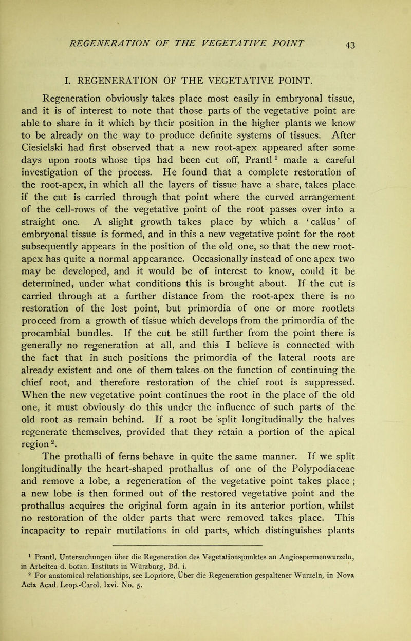 REGENERATION OF THE VEGETATIVE POINT I. REGENERATION OF THE VEGETATIVE POINT. Regeneration obviously takes place most easily in embryonal tissue, and it is of interest to note that those parts of the vegetative point are able to share in it which by their position in the higher plants we know to be already on the way to produce definite systems of tissues. After Ciesielski had first observed that a new root-apex appeared after some days upon roots whose tips had been cut off, Prantl1 made a careful investigation of the process. He found that a complete restoration of the root-apex, in which all the layers of tissue have a share, takes place if the cut is carried through that point where the curved arrangement of the cell-rows of the vegetative point of the root passes over into a straight one. A slight growth takes place by which a c callus ’ of embryonal tissue is formed, and in this a new vegetative point for the root subsequently appears in the position of the old one, so that the new root- apex has quite a normal appearance. Occasionally instead of one apex two may be developed, and it would be of interest to know, could it be determined, under what conditions this is brought about. If the cut is carried through at a further distance from the root-apex there is no restoration of the lost point, but primordia of one or more rootlets proceed from a growth of tissue which develops from the primordia of the procambial bundles. If the cut be still further from the point there is generally no regeneration at all, and this I believe is connected with the fact that in such positions the primordia of the lateral roots are already existent and one of them takes on the function of continuing the chief root, and therefore restoration of the chief root is suppressed. When the new vegetative point continues the root in the place of the old one, it must obviously do this under the influence of such parts of the old root as remain behind. If a root be split longitudinally the halves regenerate themselves, provided that they retain a portion of the apical region2. The prothalli of ferns behave in quite the same manner. If we split longitudinally the heart-shaped prothallus of one of the Polypodiaceae and remove a lobe, a regeneration of the vegetative point takes place ; a new lobe is then formed out of the restored vegetative point and the prothallus acquires the original form again in its anterior portion, whilst no restoration of the older parts that were removed takes place. This incapacity to repair mutilations in old parts, which distinguishes plants 1 Prantl, Untersuchungen liber die Regeneration des Vegetationspunktes an Angiospermenwurzeln, in Arbeiten d. botan. Instituts in Wurzburg, Bd. i. 2 For anatomical relationships, see Lopriore, Uber die Regeneration gespaltener Wurzeln, in Nova Acta Acad. Leop.-Carol. lxvi. No. 5.