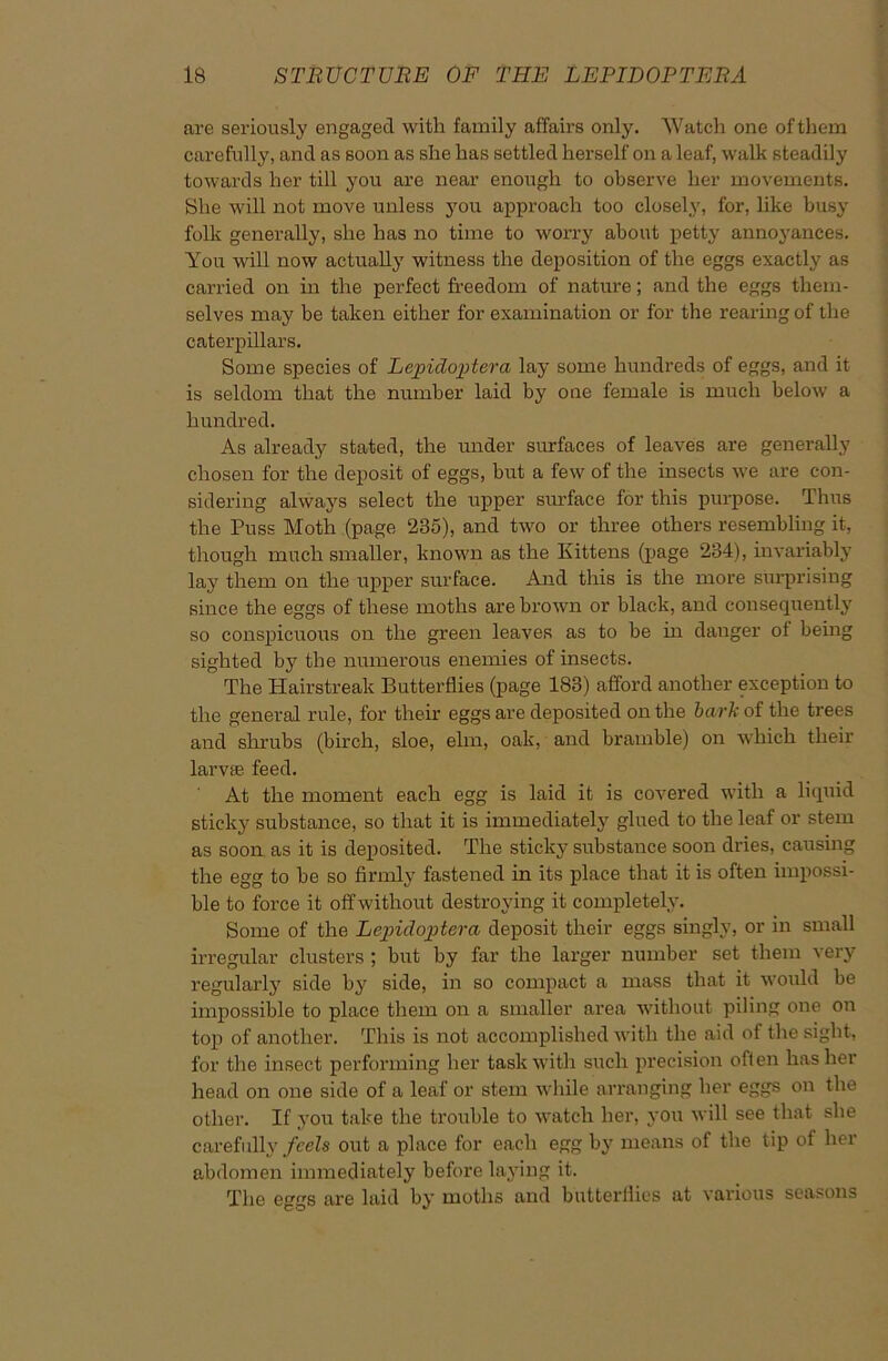 are seriously engaged with family affairs only. Watch one of them carefully, and as soon as she has settled herself on a leaf, walk steadily towards her till you are near enough to observe her movements. She will not move unless you approach too closely, for, like busy folk generally, she has no time to worry about petty annoyances. You will now actually witness the deposition of the eggs exactly as carried on in the perfect freedom of nature; and the eggs them- selves may be taken either for examination or for the rearing of the caterpillars. Some species of Lepidoptera lay some hundreds of eggs, and it is seldom that the number laid by one female is much below a hundred. As already stated, the under surfaces of leaves are generally chosen for the deposit of eggs, but a few of the insects we are con- sidering always select the upper surface for this purpose. Thus the Puss Moth (page 235), and two or three others resembling it, though much smaller, known as the Kittens (page 234), invariably lay them on the upper surface. And this is the more surprising since the eggs of these moths are brown or black, and consequently so conspicuous on the green leaves as to be in danger of being sighted by the numerous enemies of insects. The Hairstreak Butterflies (page 183) afford another exception to the general rule, for their eggs are deposited on the bark of the trees and shrubs (birch, sloe, elm, oak, and bramble) on which their larvse feed. At the moment each egg is laid it is covered with a liquid sticky substance, so that it is immediately glued to the leaf or stem as soon as it is deposited. The sticky substance soon dries, causing the egg to be so firmly fastened in its place that it is often impossi- ble to force it off without destroying it completely. Some of the Lepidoptera deposit their eggs singly, or in small irregular clusters ; but by far the larger number set them very regularly side by side, in so compact a mass that it would be impossible to place them on a smaller area without piling one on top of another. This is not accomplished with the aid of the sight, for the insect performing her task with such precision oflen hasher head on one side of a leaf or stem while arranging her eggs on the other. If you take the trouble to watch her, you will see that she carefully feels out a place for each egg by means of the tip of her abdomen immediately before laying it. The eggs are laid by moths and butterflies at various seasons