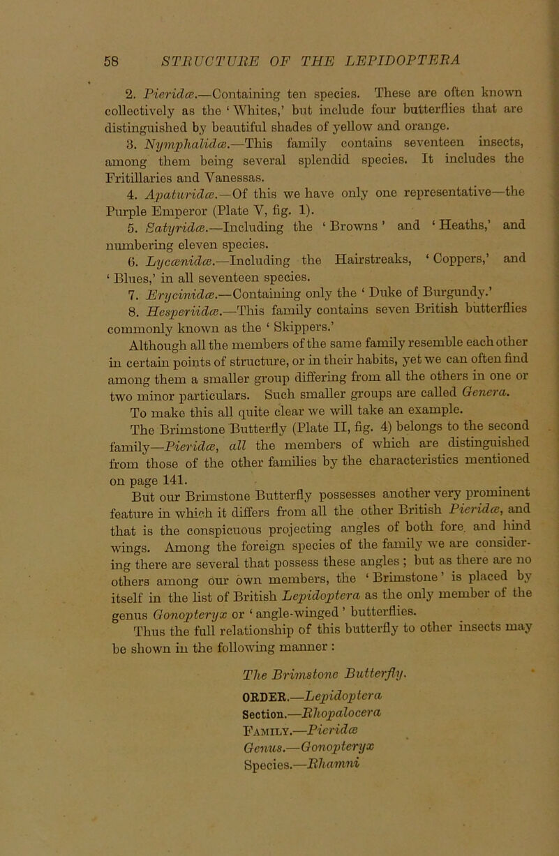 2. Pier idee.—Containing ten species. These are often known collectively as the ‘ Whites,’ but include four butterflies that are distinguished by beautiful shades of yellow and orange. 8. Nymphalidee.— This family contains seventeen insects, among them being several splendid species. It includes the Fritillaries and Vanessas. 4. Apaturidce.—Oi this we have only one representative—the Purple Emperor (Plate V, fig. 1). 5. Satyridce.—Including the ‘ Browns ’ and ‘ Heaths,’ and numbering eleven species. G. Lyccenidce.—Including the Hairstreaks, ‘Coppers,’ and ‘ Blues,’ in all seventeen species. 7. Erycinidce.—Containing only the 1 Duke of Burgundy.’ 8. Hesperiidce.— This family contains seven British butterflies commonly known as the ‘ Skippers.’ Although all the members of the same family resemble each other in certain points of structure, or in their habits, yet we can often find among them a smaller group differing from all the others in one or two minor particulars. Such smaller groups are called Genera. To make this all quite clear we will take an example. The Brimstone Butterfly (Plate II, fig. 4) belongs to the second family—Fieri dee, all the members of which are distinguished from those of the other families by the characteristics mentioned on page 141. But our Brimstone Butterfly possesses another very prominent feature in which it differs from all the other British Pieridce, and that is the conspicuous projecting angles of both fore, and hind wings. Among the foreign species of the family we are consider- ing there are several that possess these angles ; but as theie aie no others among our own members, the ‘ Brimstone is placed b} itself in the list of British Lepidoptera as the only member of the genus Gonopteryx or ‘ angle-winged ’ butterflies. Thus the full relationship of this butterfly to other insects may be shown in the following manner : The Brimstone Butterfly. ORDER.—Lepidoptera Section.—Rliopalocera Family.—Pieridce Genus.—Gonopteryx Species.—Rhamni