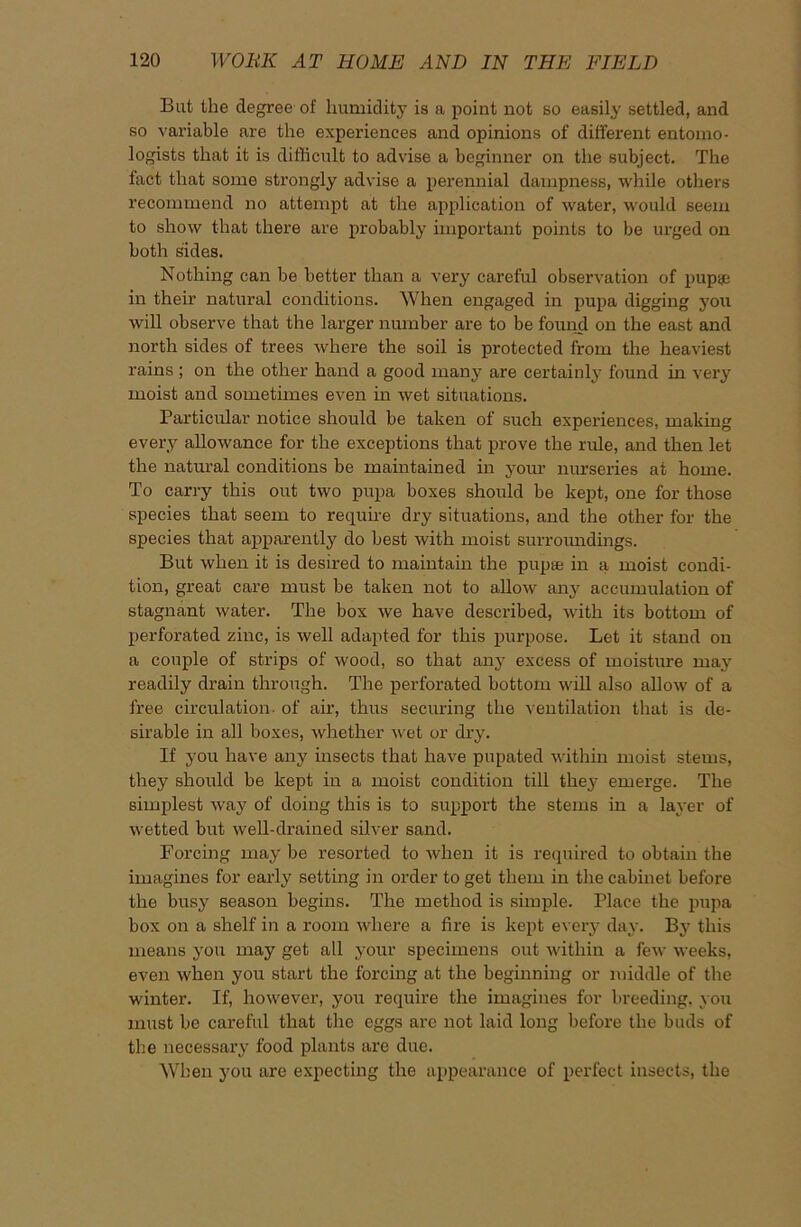 But the degree of humidity is a point not so easily settled, and so variable are the experiences and opinions of different entomo- logists that it is difficult to advise a beginner on the subject. The tact that some strongly advise a perennial dampness, while others recommend no attempt at the application of water, would seem to show that there are probably important points to be urged on both sides. Nothing can be better than a very careful observation of pupae in their natural conditions. When engaged in pupa digging you will observe that the larger number are to be found on the east and north sides of trees where the soil is protected from the heaviest rains; on the other hand a good many are certainly found in very moist and sometimes even in wet situations. Particular notice should be taken of such experiences, making every allowance for the exceptions that prove the rule, and then let the natural conditions be maintained in your nurseries at home. To carry this out two pupa boxes should be kept, one for those species that seem to require dry situations, and the other for the species that apparently do best with moist surroundings. But when it is desired to maintain the pupae in a moist condi- tion, great care must be taken not to allow any accumulation of stagnant water. The box we have described, with its bottom of perforated zinc, is well adapted for this purpose. Let it stand on a couple of strips of wood, so that any excess of moisture may readily drain through. The perforated bottom will also allow of a free circulation, of air, thus securing the ventilation that is de- sirable in all boxes, whether wet or dry. If you have any insects that have pupated within moist stems, they should be kept iu a moist condition till the}7 emerge. The simplest way of doing this is to support the stems in a layer of wetted but well-drained silver sand. Forcing may be resorted to when it is required to obtain the imagines for early setting in order to get them in the cabinet before the busy season begins. The method is simple. Place the pupa box on a shelf in a room where a fire is kept every day. By this means you may get all your specimens out within a few weeks, even when you start the forcing at the beginning or middle of the winter. If, however, you require the imagines for breeding, you must be careful that the eggs are not laid long before the buds of the necessary food plants are due. When you are expecting the appearance of perfect insects, the