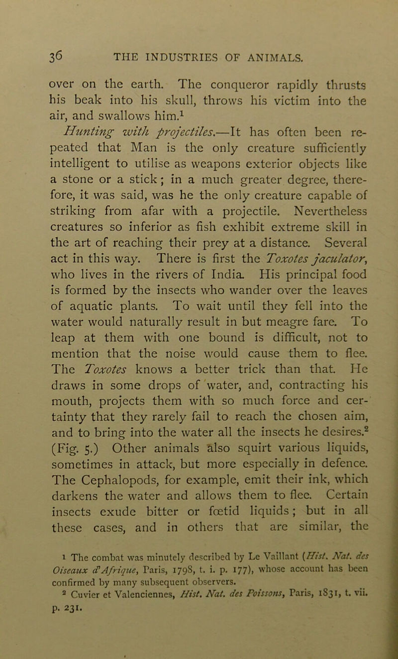 over on the earth. The conqueror rapidly thrusts his beak into his skull, throws his victim into the air, and swallows him.1 Hunting zvith projectiles.—It has often been re- peated that Man is the only créature sufficiently intelligent to utilise as weapons exterior objects like a stone or a stick ; in a much greater degree, there- fore, it was said, was he the only créature capable of striking from afar with a projectile. Nevertheless créatures so inferior as fish exhibit extreme skill in the art of reaching their prey at a distance. Several act in this way. There is first the Toxotes jaculator, who lives in the rivers of India. His principal food is formed by the insects who wander over the leavcs of aquatic plants. To wait until they fell into the water would naturally resuit in but meagre fare. To leap at them with one bound is difficult, not to mention that the noise would cause them to flee. The Toxotes knows a better trick than that. He draws in some drops of water, and, contracting his mouth, projects them with so much force and cer- tainty that they rarely fail to reach the chosen aim, and to bring into the water ail the insects he desires.2 (Fig. 5.) Other animais àlso squirt various liquids, sometimes in attack, but more especially in defence. The Cephalopods, for example, émit their ink, which darkens the water and allows them to flee. Certain insects exude bitter or fœtid liquids ; but in ail these cases, and in others that are similar, the 1 The combat was minutely described by Le Vaillant (Hist. Nat. des Oiseaux d'Afrique, Taris, 179S, t. i. p. 177), whose account has been confirmée! by many subséquent observers. 2 Cuvier et Valenciennes, Hist. Nat. des Poissons, Paris, 1S31, t. vii. p. 231.