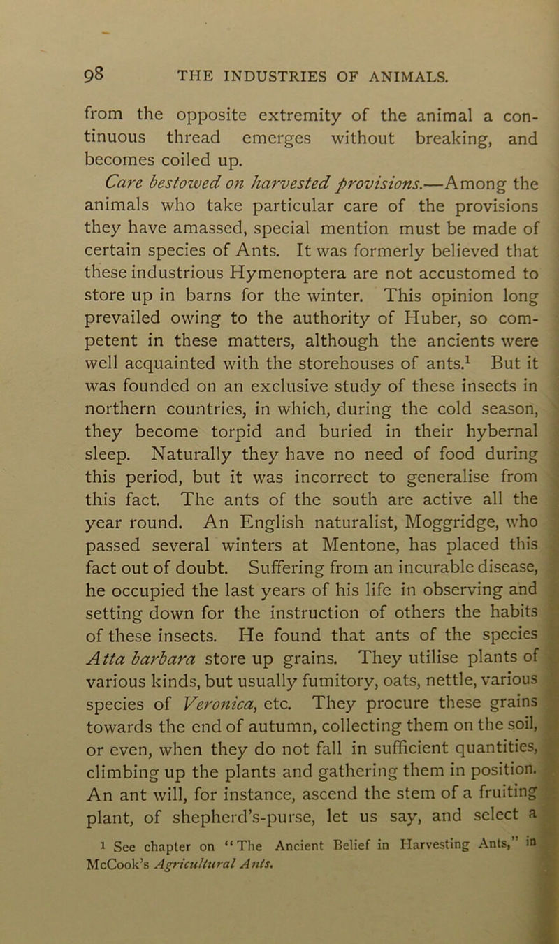 from the opposite extremity of the animal a con- tinuons thread emerges without breaking, and becomes coiled up. Care bestoived on harvested provisions.—Among the animais who take particular care of the provisions they hâve amassed, spécial mention must be made of certain species of Ants. It was formerly believed that these industrious Hymenoptera are not accustomed to store up in barns for the winter. This opinion long prevailed owing to the authority of Huber, so com- petent in these matters, although the ancients were well acquainted with the storehouses of ants.1 But it was founded on an exclusive study of these insects in northern countries, in which, during the cold season, they become torpid and buried in their hybernal sleep. Naturally they hâve no need of food during this period, but it was incorrect to généralisé from this fact. The ants of the south are active ail the year round. An English naturalisé Moggridge, who passed several winters at Mentone, has placed this fact out of doubt. Suffering from an incurable disease, he occupied the last years of his life in observing and setting down for the instruction of others the habits of these insects. He found that ants of the species Atta barbara store up grains. They utilise plants of various kinds, but usually fumitory, oats, nettle, various species of Veronica, etc. They procure these grains towards the end of autumn, collecting them on the soil, or even, when they do not fall in sufficient quantities, climbing up the plants and gathering them in position. An ant will, for instance, ascend the stem of a fruiting plant, of shepherd’s-purse, let us say, and select a 1 See chapter on “The Ancient Belief in Harvesting Ants, in McCook’s Agricultural Ants.