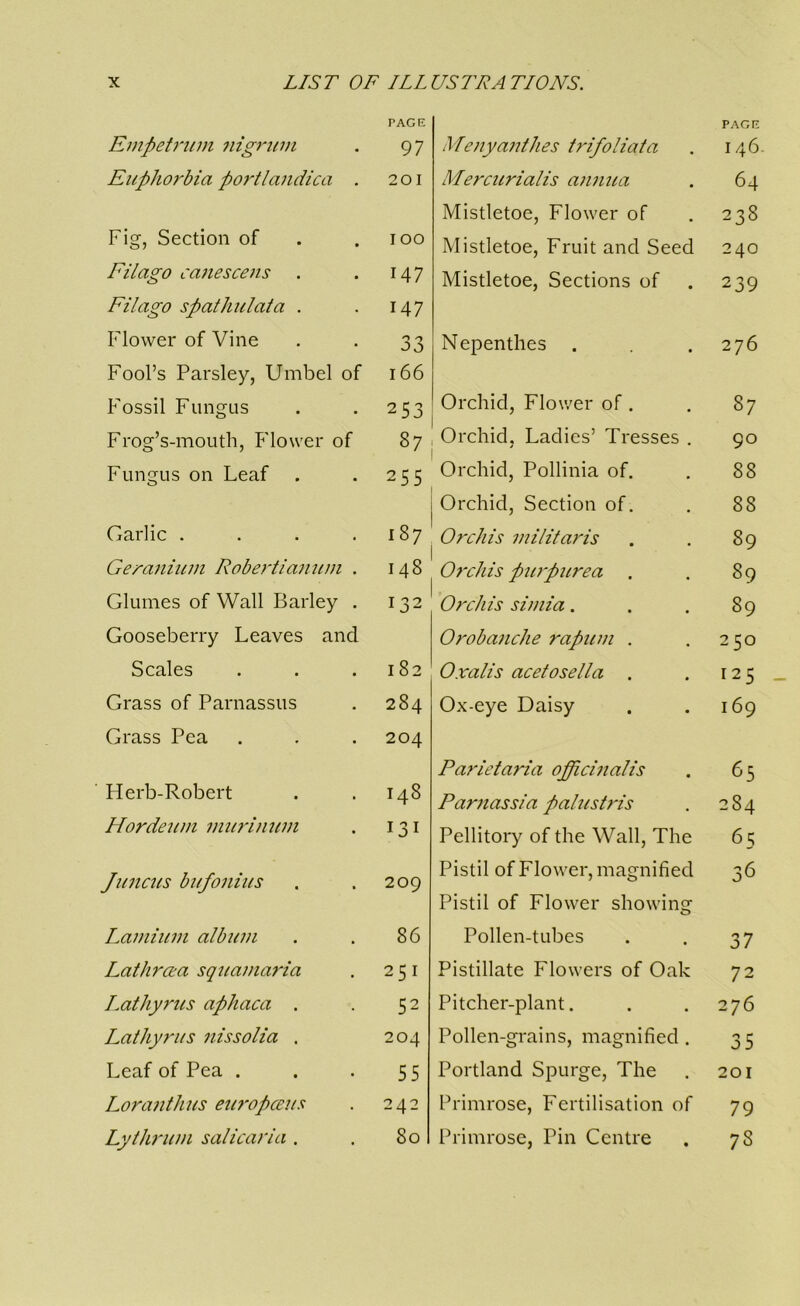 Empet7‘uin nigt'um Euphorbia portlandica . Fig, Section of Filago ca7iesce7is Filago spathulata . Flower of Vine Fool’s Parsley, Umbel of Fossil Fungus Frog’s-mouth, Flower of Fungus on Leaf Garlic .... Gera7iiiL77i Robe7'tia7iU77i . Glumes of Wall Barley . Gooseberry Leaves and Scales Grass of Parnassus Grass Pea Herb-Robert Hordeu77i 77iuri7iu77i Ju7icus bufo7iius La77iiu77i albu77i Lathrcta squa77ia7'ia Lathyrus aphaca . Lathyriis nissolia . Leaf of Pea . Lora?ithus ew'opceus Lyihru77i salicaria . Me7iya77thes trifoliata PAGE 146 Mercurialis a7i7iua 64 Mistletoe, Flower of 238 Mistletoe, Fruit and Seed 240 Mistletoe, Sections of 239 Nepenthes . 276 Orchid, Flower of . 87 Orchid, Ladies’ Tresses . 90 Orchid, Pollinia of. 88 Orchid, Section of. 88 Oyxhis 777ilifaris 89 0?'cJiis pu7purea . 89 Orchis si77iia. 89 Oroba7iche rapu77i . 250 Oxalis acetosella . 125 Ox-eye Daisy 169 Parietaria officinalis 65 Par7tassia palust7'is 284 Pellitory of the Wall, The 65 Pistil of Flower, magnified 36 Pistil of Flower showing Pollen-tubes 37 Pistillate Flowers of Oak 72 Pitcher-plant. 276 Pollen-grains, magnified . 35 Portland Spurge, The 201 Primrose, Fertilisation of 79 Primrose, Pin Centre 78 PAGE 97 201 lOO 147 147 33 166 253 87 255 187 148 132 182 284 204 148 131 209 86 251 52 204 55 242 80