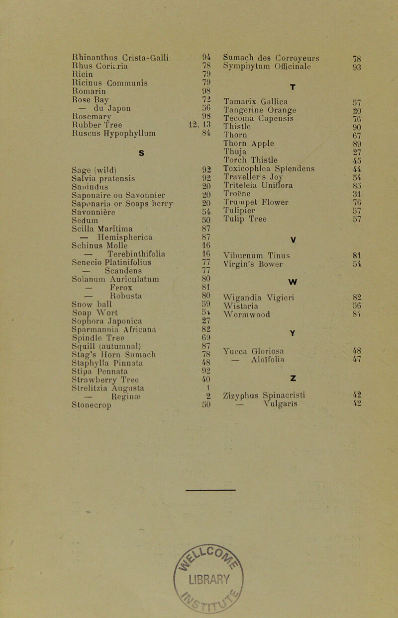 Rhinanthus Crista-Galli Rhus Corii.ria Ricin Ricinus Communis Romarin Rose Bay — du Japon Rosemary Rubber Tree Ruscus Hypophyllum S Sage (wild) Salvia pratensis Sauindns Saponaire ou Savon nier Saponaria or Soaps berry Savonni^re Sedum Scilla MariLima — Hemispherica Scliinus Molle — Terebinthifolia Senecio Platinifolius — Scandens Solanum Auriculatum — Ferox — Robusta Snow ball Soan Wort Sopliora Japonica Sparmannia Africana Spindle Tree Squill (autumnal) Stag’s Horn Sumach Staphylla Pinnata Slipa Pennata Strawberry Tree Slrelilzia Augusta — Regime Stonecrop 94 78 79 79 98 72 156 98 12, 13 84 92 92 20 20 20 154 150 87 87 16 16 77 77 80 81 80 69 15'» 27 82 69 87 78 48 92 40 1 2 60 Sumach des Corroyeurs Symphytum Officinale T Tamarix Gallica Tangerine Orange Tecoma Capensis Thistle Thorn Thorn Apple Thuja Torch Thistle Toxicophlea Splendens Traveller's Jov Triteleia Unilfora Troene Trumpet Flower Tulipier Tulip Tree V Viburnum Tinus Virgin’s Bower W Wigandia Vigieri Wistaria Wormwood Y Yucca Gloriosa — Aloi'folia Z Zizyphus Spinacristi Vulgaris 78 93 67 20 76 90 67 89 27 46 44 64 8.5 31 76 67 67 81 82 66 85 48 47 42 52