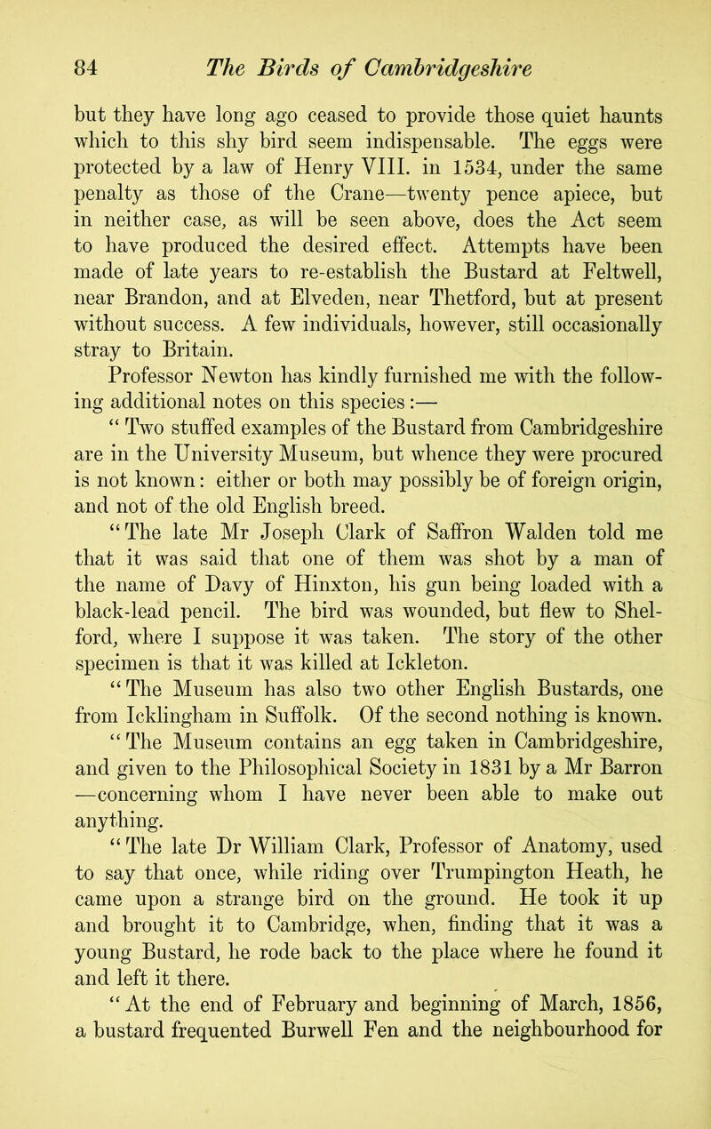 but they have long ago ceased to provide those quiet haunts which to this shy bird seem indispensable. The eggs were protected by a law of Henry VIIL in 1534, under the same penalty as those of the Crane—twenty pence apiece, but in neither case, as will be seen above, does the Act seem to have produced the desired effect. Attempts have been made of late years to re-establish the Bustard at Feltwell, near Brandon, and at Elveden, near Thetford, but at present without success. A few individuals, however, still occasionally stray to Britain. Professor Newton has kindly furnished me with the follow- ing additional notes on this species :— “ Two stuffed examples of the Bustard from Cambridgeshire are in the University Museum, but whence they were procured is not known; either or both may possibly be of foreign origin, and not of the old English breed. “The late Mr Joseph Clark of Saffron Walden told me that it was said that one of them was shot by a man of the name of Davy of Hinxton, his gun being loaded with a black-lead pencil. The bird was wounded, but flew to Shel- ford, where I suppose it was taken. The story of the other specimen is that it was killed at Ickleton. “ The Museum has also two other English Bustards, one from Icklingham in Suffolk. Of the second nothing is known. “ The Museum contains an egg taken in Cambridgeshire, and given to the Philosophical Society in 1831 by a Mr Barron —concerning whom I have never been able to make out anything. “ The late Dr William Clark, Professor of Anatomy, used to say that once, while riding over Trumpington Heath, he came upon a strange bird on the ground. He took it up and brought it to Cambridge, when, finding that it was a young Bustard, he rode back to the place where he found it and left it there. “At the end of February and beginning of March, 1856, a bustard frequented Burwell Fen and the neighbourhood for