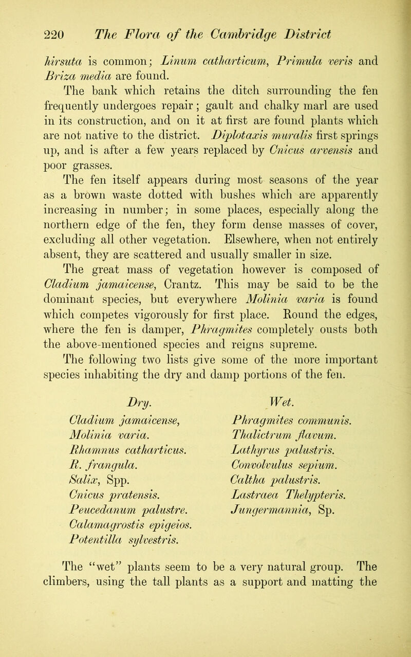 hirsuta is common; Linum catliarticum^ Primula veris and Briza media are found. The bank which retains the ditch surrounding the fen frequently undergoes repair; gault and chalky marl are used in its construction, and on it at first are found plants which are not native to the district. Diplotaxis muralis first springs up, and is after a few years replaced by Cnieus arvensis and poor grasses. The fen itself appears during most seasons of the year as a brown waste dotted with bushes which are apparently increasing in number; in some places, especially along the northern edge of the fen, they form dense masses of cover, excluding all other vegetation. Elsewhere, when not entirely absent, they are scattered and usually smaller in size. The great mass of vegetation however is composed of Cladium jamaicense, Crantz. This may be said to be the dominant species, but everywhere Molinia raria is found which competes vigorously for first place. Bound the edges, where the fen is damper, Phragmites completely ousts both the above-mentioned species and reigns supreme. The following two lists give some of the more important species inhabiting the dry and damp portions of the fen. D7'y. Wet. Cladium jamaicense, Molinia varia. Rha^nnus cathai'ticus, R. f'angula. Salix, Spp. Cnieus pratensis. Peucedanum palusWe. Calamagrostis epigeios. Potentilla sylrestris. Thalictrum flarum. Lathy7'us palustris. Convolmdus sepium. Caltha palustris. Lastraea Thelypteris. Ju7igerman7iia, Sp. Ph7'agmites cononunis. The “wet” plants seem to be a very natural group. The climbers, using the tall plants as a support and matting the