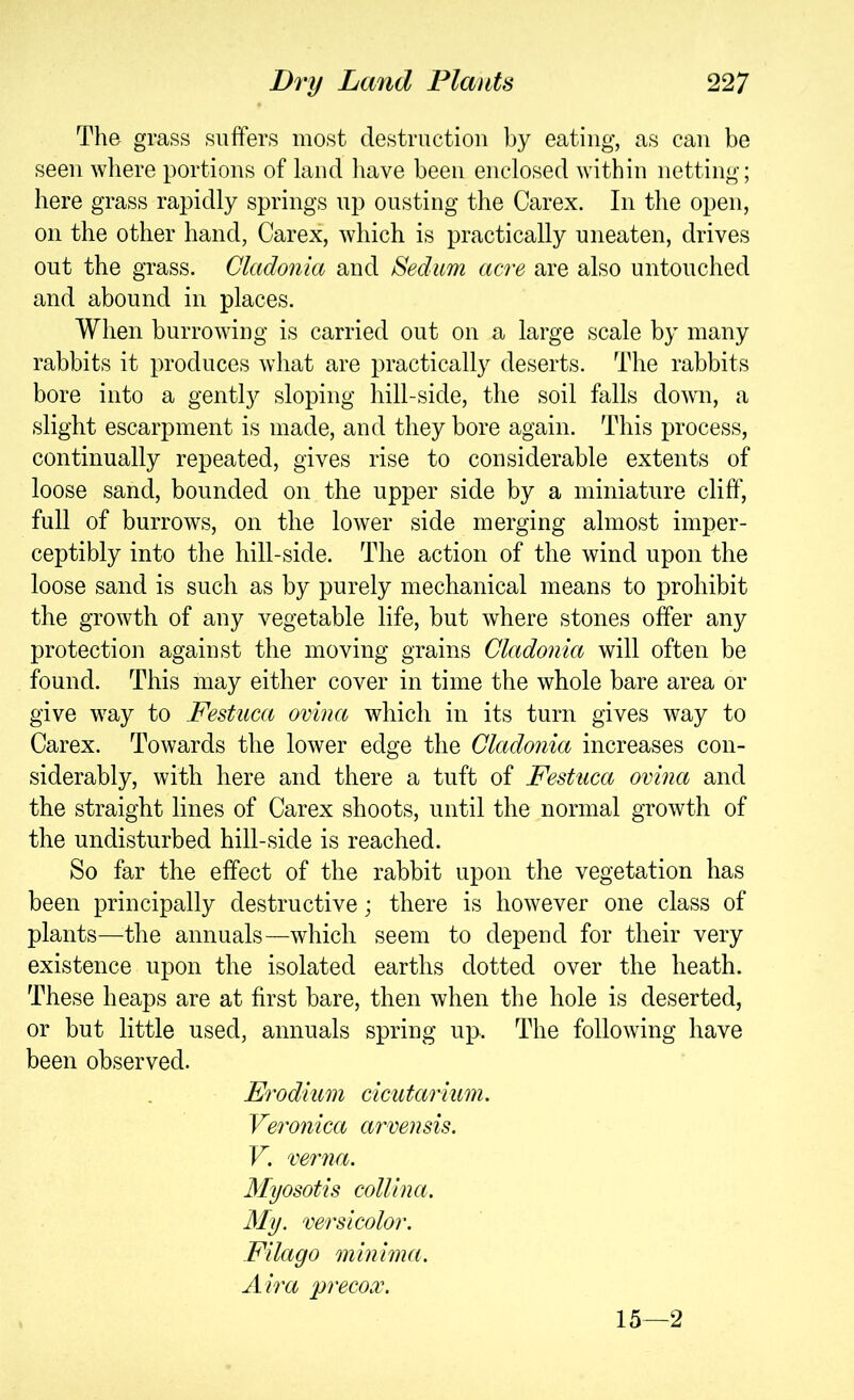 The grass suffers most destructiou by eating, as can be seen where portions of land liave been enclosed within netting; here grass rapidly springs np ousting the Carex. In the open, on the other hand, Carex, which is practically uneaten, drives out the grass. Cladonia and Sedum acre are also untouched and abound in places. When burrowing is carried out on a large scale by many rabbits it produces what are practically deserts. The rabbits bore into a gently sloping hill-side, the soil falls down, a slight escarpment is made, and they bore again. This process, continually repeated, gives rise to considerable extents of loose sand, bounded on the upper side by a miniature cliff, full of burrows, on the lower side merging almost imper- ceptibly into the hill-side. The action of the wind upon the loose sand is such as by purely mechanical means to prohibit the growth of any vegetable life, but where stones offer any protection against the moving grains Cladonia will often be found. This may either cover in time the whole bare area or give way to Festuca omna which in its turn gives way to Carex. Towards the lower edge the Cladonia increases con- siderably, with here and there a tuft of Festuca ovina and the straight lines of Carex shoots, until the normal growth of the undisturbed hill-side is reached. So far the effect of the rabbit upon the vegetation has been principally destructive; there is however one class of plants—the annuals—which seem to depend for their very existence upon the isolated earths dotted over the heath. These heaps are at first bare, then when the hole is deserted, or but little used, annuals spring up. The following have been observed. Erodium cicutarium. Veronica arvensis. V. verna. Myosotis collina. My. versicolor. Filago minima. Aira precox. 15—2