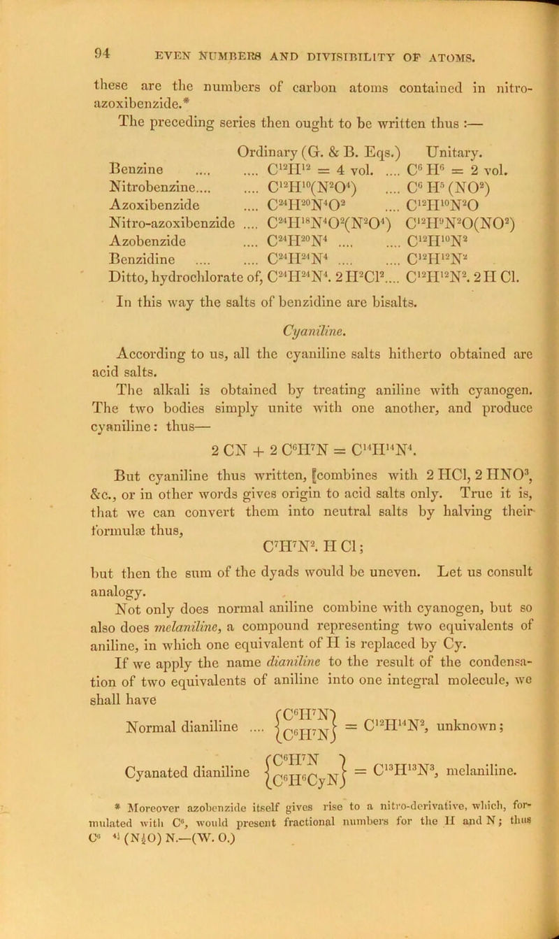 these are the numbers of carbon atoms contained in nitro- azoxibenzide.* The preceding series then ought to be written thus :— Ordinary (G. & B. Eqs.) Unitary. Benzine C12H12 == 4 vol C6 Hr> = 2 vol. Nitrobenzine C12HI0(N2O4) .... C° H5 (NO2) Azoxibenzide .... C24IT20N4O2 .... C12H10N2O Nitro-azoxibenzidc .... C24II18N402(N204) C12H‘JN20(N02) Azobenzide .... C24II20N4 C12II10N2 Benzidine C24H24N4 C12HI2N2 Ditto, hydrochlorate of, C24H24N4. 2 H2C1* ... C,2Hl2N2. 2II Cl. In this way the salts of benzidine are bisalts. Cyaniline. According to us, all the cyaniline salts hitherto obtained are acid salts. The alkali is obtained by treating aniline with cyanogen. The two bodies simply unite with one another, and produce cyaniline: thus— 2 CN + 2 CTFN = CHIF4N4. But cyaniline thus written, [combines with 2 HC1, 2HN03, &C., or in other words gives origin to acid salts only. True it is, that we can convert them into neutral salts by halving their formulae thus, C7H7N2. H Cl; but then the sum of the dyads would be uneven. Let us consult analogy. Not only does normal aniline combine with cyanogen, but so also does mclanilinc, a compound representing two equivalents of aniline, in which one equivalent of H is replaced by Cy. If we apply the name dianiline to the result of the condensa- tion of two equivalents of aniline into one integral molecule, we shall have Normal dianiline . Cyanated dianiline  |cGhFNj = C12HN2’ ™known; IcScU} = C“H“N3> “eknili”e- * Moreover azobenzide itself gives rise to a nitro-derivative, which, for- mulated with C°, would present fractional numbers tor the II and N; thus Ca 41 (N£0) N.—(W. 0.)