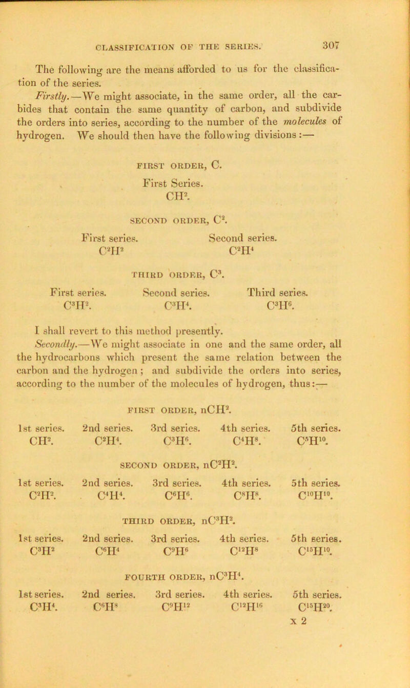 The following are the means afforded to us for the classifica- tion of the series. Firstly.—We might associate, in the same order, all the car- bides that contain the same quantity of carbon, and subdivide the orders into series, according to the number of the molecules of hydrogen. We should then have the following divisions :— FIRST ORDER, C. First Series. CH2. SECOND ORDER, C2. First series. Second series. C2II2 C2H4 THIRD ORDER, C\ First series. Second series. Third series. C3H2. C3H4. C3HG. I shall revert to this method presently. Secondly.—We might associate in one and the same order, all the hydrocarbons which present the same relation between the carbon and the hydrogen ; and subdivide the orders into series, according to the number of the molecules of hydrogen, thus:;— FIRST ORDER, nCH2. 1st series. CII2. 2nd series. C2H4. 3rd series. C3H6. 4th series. C4H8. 5th series. CSH10. SECOND ORDER, nC2H2. 1st series. C2H2. 2nd series. C4114. 3rd series. C6H6. 4th series. C8H8. 5th series. C10II10. THIRD ORDER, nC3H2. 1st series. C3H2 2nd series. C6H4 3rd series. C9H6 4th series. C12H8 5th series. C,5H10. FOURTH ORDER, nC3H4. 1st series. C3H4. 2nd series. C/’IT 3rd series. C9H12 4th series. C,2H16 5 th series. C15H20. X 2