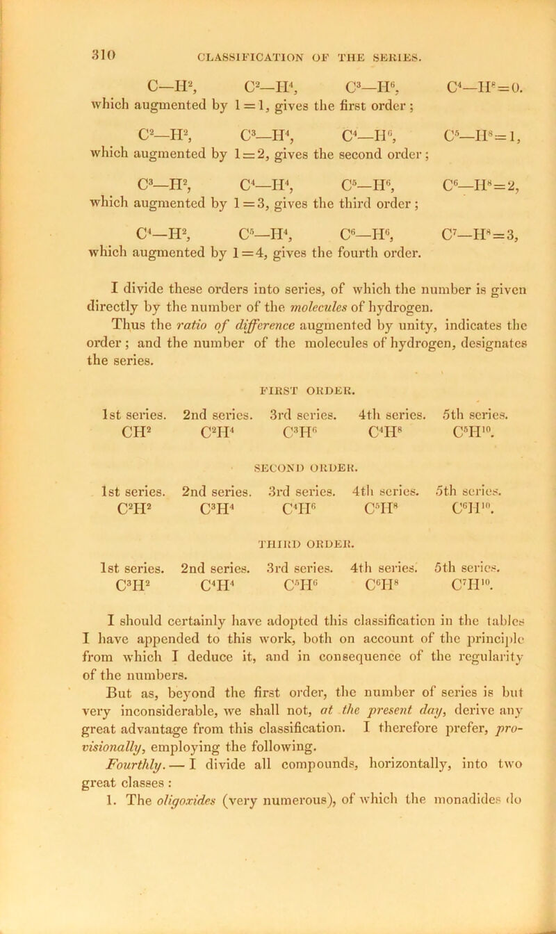 C—HI 2, C2—IP, C3—II6, C4—He=0. which augmented by 1 = 1, gives the first order ; C2—H2, C3—IT4, C4—II6, C8 *—H8=l, which augmented by 1 = 2, gives the second order; C3—H2, C4—IT4, C5—IT6, C6—IT*=2, which augmented by 1=3, gives the third order; C4—H2, C5—H4, C6—II6, C7—H8=3, which augmented by 1=4, gives the fourth order. I divide these orders into series, of which the number is given directly by the number of the molecules of hydrogen. Thus the ratio of difference augmented by unity, indicates the order ; and the number of the molecules of hydrogen, designates the series. FIRST ORDER. 1st series. 2nd scries. 3rd series. 4th series. 5th series. CH2 C2H4 C3H6 CIF CTI10. SECOND ORDER. 1st series. 2nd series. 3rd series. 4th scries. 5th series. C2IP C3H4 C4H6 CTI8 C6H'°. THIRD ORDER. 1st series. 2nd series. 3rd series. 4th series. 5th series. C3H2 C4H4 CTP C6H8 C7H10. I should certainly have adopted this classification in the tables I have appended to this work, both on account of the principle from which I deduce it, and in consequence of the regularity of the numbers. But as, beyond the first order, the number of series is but very inconsiderable, we shall not, at the present day, derive any great advantage from this classification. I therefore prefer, pro- visionally, employing the following. Fourthly. — I divide all compounds, horizontally, into two great classes : 1. The oliyoxides (very numerous), of which the monadides do