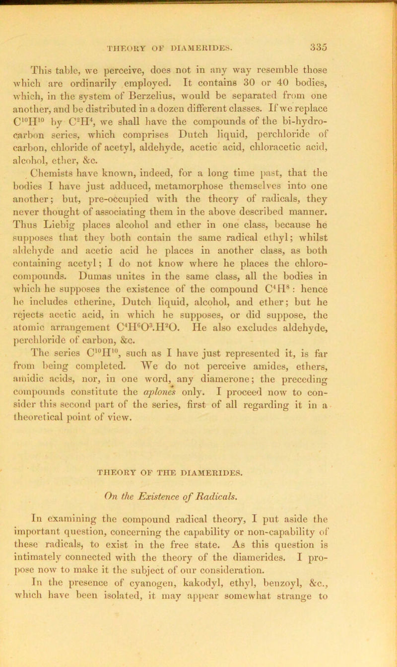 This table, we perceive, does not in any way resemble those which are ordinarily employed. It contains 30 or 40 bodies, which, in the system of Berzelius, would be separated from one another, and be distributed in a dozen different classes. If we replace C10II10 by C2II4, we shall have the compounds of the bi-hydro- carbon series, which comprises Dutch liquid, percldoride of carbon, chloride of acetyl, aldehyde, acetic acid, chloracetic acid, alcohol, ether, &c. Chemists have known, indeed, for a long time past, that the bodies I have just adduced, metamorphose themselves into one another; but, pre-occupied with the theory of radicals, they never thought of associating them in the above described manner. Thus Liebig places alcohol and ether in one class, because he supposes that they both contain the same radical ethyl; whilst aldehyde and acetic acid he places in another class, as both containing acetyl; I do not know where he places the chloro- eompounds. Dumas unites in the same class, all the bodies in which he supposes the existence of the compound C1 II8: hence he includes etherine, Dutch liquid, alcohol, and ether; but he rejects acetic acid, in which he supposes, or did suppose, the atomic arrangement CHFCP.IDO. lie also excludes aldehyde, percldoride of carbon, &c. The series C10H10, such as I have just represented it, is far from being completed. We do not perceive amides, ethers, amidic acids, nor, in one word, any diamerone; the preceding compounds constitute the aplones only. I proceed now to con- sider this second part of the series, first of all regarding it in a theoretical point of view. THEORY OP THE DIAMERIDES. On the Existence of Radicals. In examining the compound radical theory, I put aside the important question, concerning the capability or non-capability of these radicals, to exist in the free state. As this question is intimately connected with the theory of the diamerides. I pro- pose now to make it the subject of our consideration. In the presence of cyanogen, kakodyl, ethyl, benzoyl, &c., which have been isolated, it may appear somewhat strange to