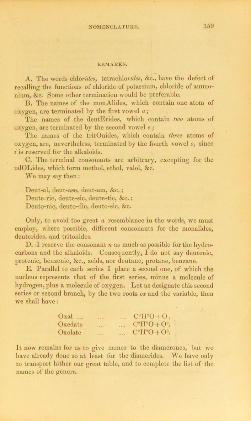 REMARKS. A. The words chlon'dies, tetrachlorafes, &c., have the defect of recalling the functions of chloride of potassium, chloride of ammo- nium, &c. Some other termination would be preferable. B. The names of the monAlides, which contain one atom of oxygen, are terminated by the first vowel a; The names of the deutErides, which contain two atoms of oxygen, are terminated by the second vowel e ; The names of the tritOnides, which contain three atoms of oxygen, are, nevertheless, terminated by the fourth vowel o, since i is reserved for the alkaloids. C. The terminal consonants are arbitrary, excepting for the udOLides, which form methol, ethol, valol, &c. We may say then : Deut-al, deut-ase, deut-am, &e.; Deute-ric, deutc-sic, deute-tic, &c.; Deuto-nic, deuto-dic, deuto-sic, &c. Only, to avoid too great a resemblance in the words, we must employ, where possible, different consonants for the monalides, deuterides, and tritonides. D. I reserve the consonant n as much as possible for the hydro- carbons and the alkaloids. Consequently, I do not say deutenic, protenic, benzenic, &c., acids, nor deutane, protane, benzane. E. Parallel to each series I place a second one, of which the nucleus represents that of the first series, minus a molecule of hydrogen, plus a molecule of oxygen. Let us designate this second series or second branch, by the two roots ox and the variable, then we shall have: Oxal CflPO + O, Oxedate C2H20 + 02, Oxolate C2H20 + 03. It now remains for us to give names to the diamerones, but we have already done so at least for the diamerides. We have only to transport hither our great table, and to complete the list of the names of the genera.