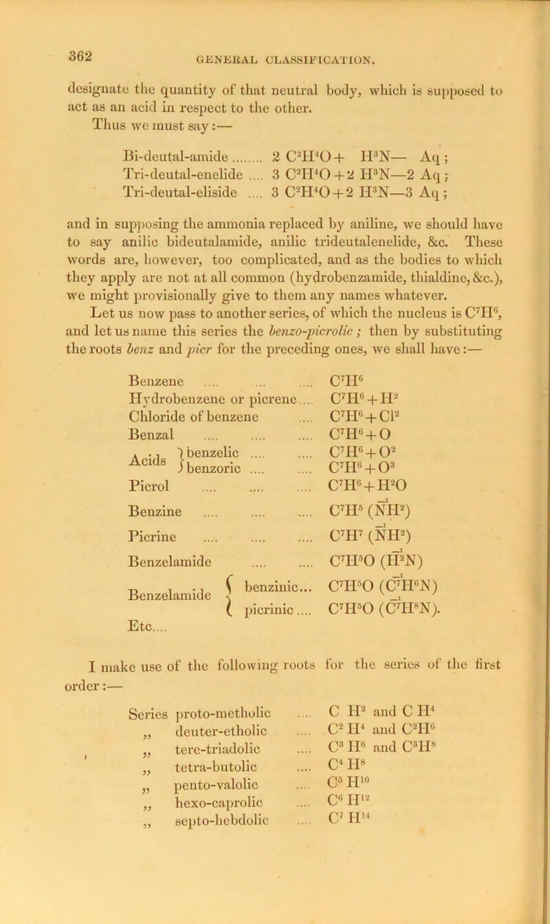 designate the quantity of’ that neutral body, which is supposed to act as an acid in respect to the other. Thus we must say:— Bi-deutal-amide 2 C2H40 + H3N— Aq ; Tri-deutal-enelide .... 3 C2H‘0 + 2 H3N—2 Aq; Tri-deutal-eliside .... 3 C2H40 + 2 H3N—3 Aq ; and in supposing the ammonia replaced by aniline, we should have to say anilic bideutalamide, anilic trideutalenelide, &c. Tiiese words are, however, too complicated, and as the bodies to which they apply are not at all common (hydrobenzamide, thiakline, &c.), we might provisionally give to them any names whatever. Let us now pass to another series, of which the nucleus is C7H°, and let us name this series the benzo-picrolic ; then by substituting the roots bcnz and pier for the preceding ones, we shall have:— Benzene C7H6 Hydrobenzene or picrenc.... C7H6 + H2 Chloride of benzene C7H6 + Cl2 Benzal C7Hu + 0 Acil,s J benzoric .... C7HG + O2 C7H« + 03 Picrol C7He + H20 Benzine C7HS (NH2) Picrine C7H7 (NH2) Benzelamidc C7IPO (IHN) t, , . \ benzinic... Benzeiaimde s ( picrinic.... C7H50 (CHFN) C7IPO (C7H8N> Etc.... I make use of the following roots order:— for the series of the first Series ])roto-metholic .... C IP audCH4 y y deuter-etholic .... C2H‘ and C2IP yy tere-triadolic .... C3 H6 and C3H8 jy tetra-butolic .... C4 IP V pento-valolic .... C5H10 yy hexo-cai)rolic .... C'; H12 yy septo-hebdolie .... C7 H'4