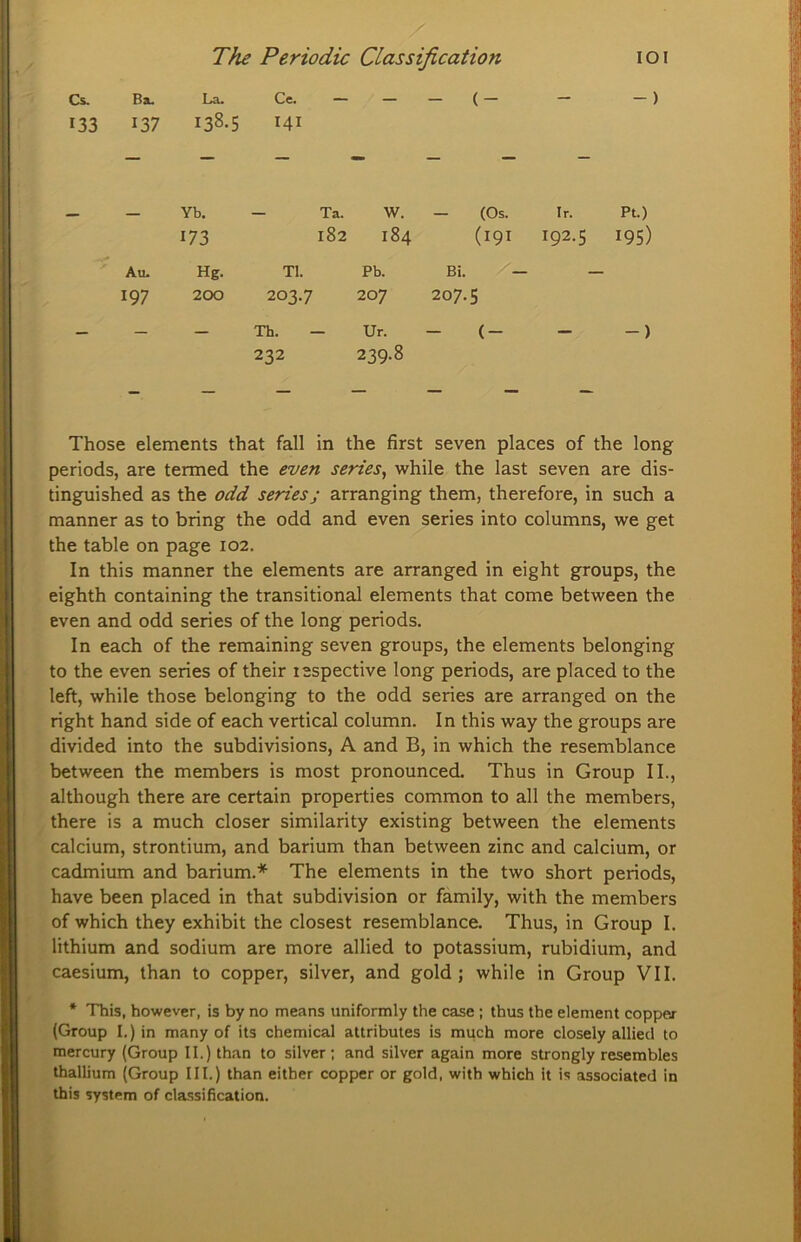 Cs. Ba. La. Ce. (- - ) 133 137 138.5 I4I Yb. 173 Ta. W. — (Os. Ir. Pt.) 182 184 (19I 192.5 195) Au. Hg. Tl. Pb. Bi. 197 2CX) 203.7 207 207.5 Th. Ur. (- -) 232 239.8 Those elements that fall in the first seven places of the long periods, are termed the even series^ while the last seven are dis- tinguished as the odd series; arranging them, therefore, in such a manner as to bring the odd and even series into columns, we get the table on page 102. In this manner the elements are arranged in eight groups, the eighth containing the transitional elements that come between the even and odd series of the long periods. In each of the remaining seven groups, the elements belonging to the even series of their respective long periods, are placed to the left, while those belonging to the odd series are arranged on the right hand side of each vertical column. In this way the groups are divided into the subdivisions, A and B, in which the resemblance between the members is most pronounced. Thus in Group II., although there are certain properties common to all the members, there is a much closer similarity existing between the elements calcium, strontium, and barium than between zinc and calcium, or cadmium and barium.* The elements in the two short periods, have been placed in that subdivision or family, with the members of which they exhibit the closest resemblance. Thus, in Group I. lithium and sodium are more allied to potassium, rubidium, and caesium, than to copper, silver, and gold; while in Group VII. * This, however, is by no means uniformly the case; thus the element copper (Group I.) in many of its chemical attributes is much more closely allied to mercury (Group II.) than to silver; and silver again more strongly resembles thallium (Group III.) than either copper or gold, with which it is associated in this system of classification.