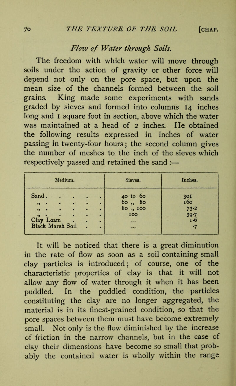 Flow of Water through Soils. The freedom with which water will move through soils under the action of gravity or other force will depend not only on the pore space, but upon the mean size of the channels formed between the soil grains. King made some experiments with sands graded by sieves and formed into columns 14 inches long and 1 square foot in section, above which the water was maintained at a head of 2 inches. He obtained the following results expressed in inches of water passing in twenty-four hours; the second column gives the number of meshes to the inch of the sieves which respectively passed and retained the sand :— Medium. Sieves. Inches. Sand 40 to 60 301 « • • • • • 60 „ 80 160 »i • • • • • 80 „ IOO 73*2 »* • • • • • loo 39*7 Clay Loam i-6 Black Marsh Soil ... •7 It will be noticed that there is a great diminution in the rate of flow as soon as a soil containing small clay particles is introduced; of course, one of the characteristic properties of clay is that it will not alLow any flow of water through it when it has been puddled. In the puddled condition, the particles constituting the clay are no longer aggregated, the material is in its finest-grained condition, so that the pore spaces between them must have become extremely small. Not only is the flow diminished by the increase of friction in the narrow channels, but in the case of clay their dimensions have become so small that prob- ably the contained water is wholly within the range