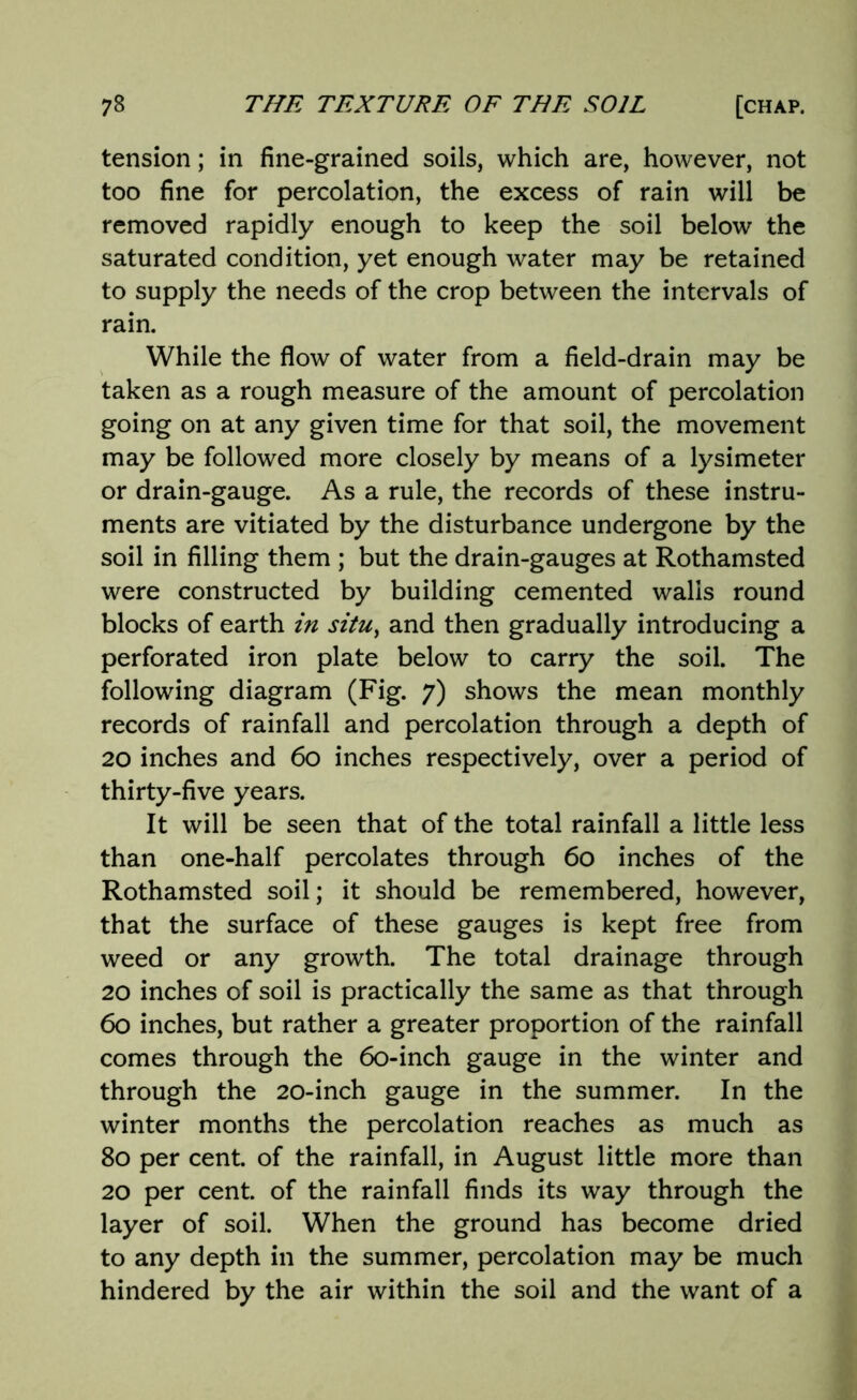 tension; in fine-grained soils, which are, however, not too fine for percolation, the excess of rain will be removed rapidly enough to keep the soil below the saturated condition, yet enough water may be retained to supply the needs of the crop between the intervals of rain. While the flow of water from a field-drain may be taken as a rough measure of the amount of percolation going on at any given time for that soil, the movement may be followed more closely by means of a lysimeter or drain-gauge. As a rule, the records of these instru- ments are vitiated by the disturbance undergone by the soil in filling them ; but the drain-gauges at Rothamsted were constructed by building cemented walls round blocks of earth in situ, and then gradually introducing a perforated iron plate below to carry the soil. The following diagram (Fig. 7) shows the mean monthly records of rainfall and percolation through a depth of 20 inches and 60 inches respectively, over a period of thirty-five years. It will be seen that of the total rainfall a little less than one-half percolates through 60 inches of the Rothamsted soil; it should be remembered, however, that the surface of these gauges is kept free from weed or any growth. The total drainage through 20 inches of soil is practically the same as that through 60 inches, but rather a greater proportion of the rainfall comes through the 60-inch gauge in the winter and through the 20-inch gauge in the summer. In the winter months the percolation reaches as much as 80 per cent, of the rainfall, in August little more than 20 per cent, of the rainfall finds its way through the layer of soil. When the ground has become dried to any depth in the summer, percolation may be much hindered by the air within the soil and the want of a