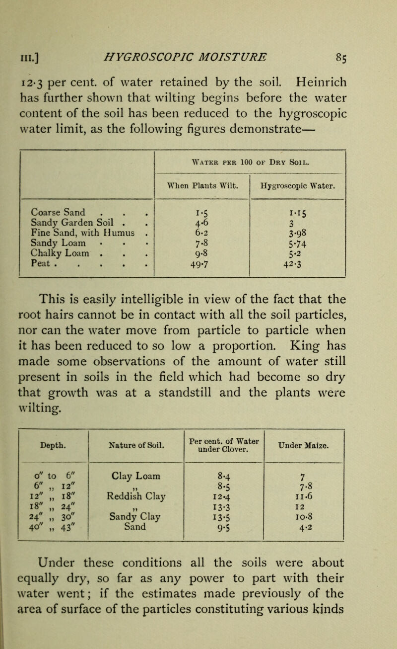 12-3 per cent, of water retained by the soil. Heinrich has further shown that wilting begins before the water content of the soil has been reduced to the hygroscopic water limit, as the following figures demonstrate— Water per 100 of Dry Soil. When Plants Wilt. Hygroscopic Water. Coarse Sand i-5 1*15 Sandy Garden Soil . 4-6 3 Fine Sand, with Humus . 6.2 3-98 Sandy Loam 7.8 5*74 Chalky Loam . 9-8 5-2 Peat 49*7 42-3 This is easily intelligible in view of the fact that the root hairs cannot be in contact with all the soil particles, nor can the water move from particle to particle when it has been reduced to so low a proportion. King has made some observations of the amount of water still present in soils in the field which had become so dry that growth was at a standstill and the plants were wilting. Depth. Nature of Soil. Per cent, of Water under Clover. Under Maize. 0 to 6 Clay Loam 8.4 7 6 „ 12 tf 8.5 7-8 12 „ 18 Reddish Clay 12*4 11-6 18 „ 24 13*3 12 24 ,, 3o Sandy Clay 13-5 io-8 40 „ 43 Sand 9-5 4.2 Under these conditions all the soils were about equally dry, so far as any power to part with their water went; if the estimates made previously of the area of surface of the particles constituting various kinds