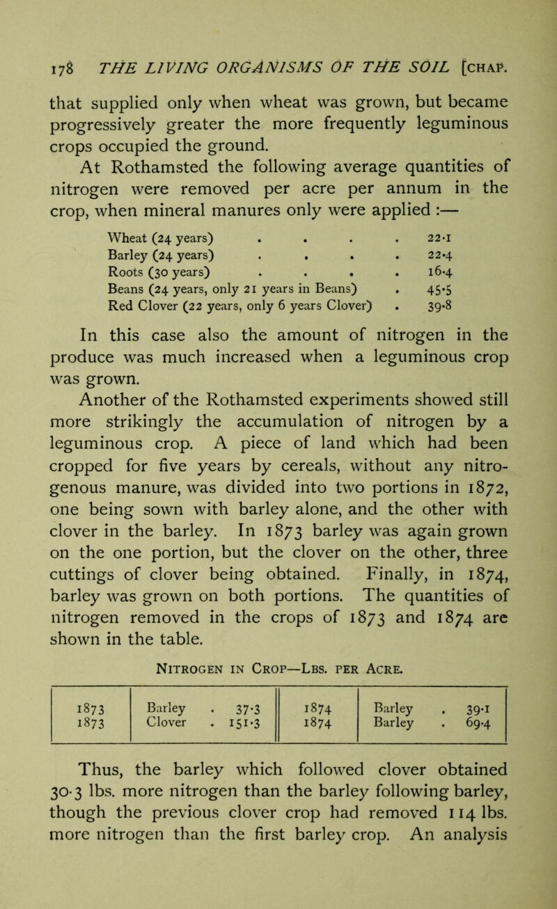 that supplied only when wheat was grown, but became progressively greater the more frequently leguminous crops occupied the ground. At Rothamsted the following average quantities of nitrogen were removed per acre per annum in the crop, when mineral manures only were applied :— Wheat (24 years) . . . . 22 *i Barley (24 years) . . . . 22*4 Roots (30 years) . . • .16*4 Beans (24 years, only 21 years in Beans) . 45*5 Red Clover (22 years, only 6 years Clover) . 39*8 In this case also the amount of nitrogen in the produce was much increased when a leguminous crop was grown. Another of the Rothamsted experiments showed still more strikingly the accumulation of nitrogen by a leguminous crop. A piece of land which had been cropped for five years by cereals, without any nitro- genous manure, was divided into two portions in 1872, one being sown with barley alone, and the other with clover in the barley. In 1873 barley was again grown on the one portion, but the clover on the other, three cuttings of clover being obtained. Finally, in 1874, barley was grown on both portions. The quantities of nitrogen removed in the crops of 1873 and 1874 are shown in the table. Nitrogen in Crop—Lbs. per Acre. 1873 Barley • 37*3 1874 Barley . 39*1 1873 Clover • I5i*3 1874 Barley . 69.4 Thus, the barley which followed clover obtained 30*3 lbs. more nitrogen than the barley following barley, though the previous clover crop had removed 114 lbs. more nitrogen than the first barley crop. An analysis